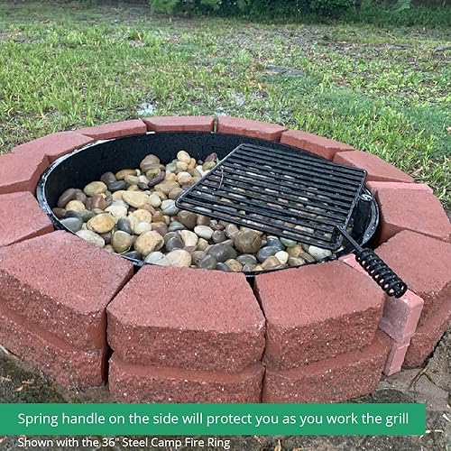 Miniatura 7 de Ash & Ember - Anillo de acero para hoguera de 24 pulgadas con rejilla de cocción, rejilla giratoria de 15.5 x 19.5 pulgadas con mango de resorte,