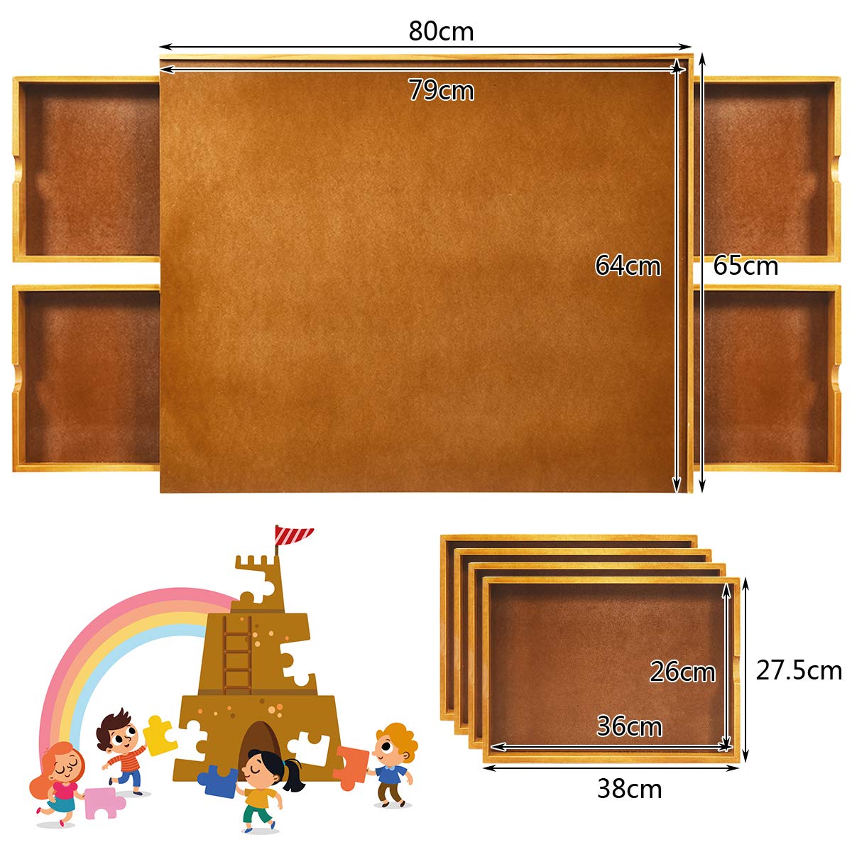 LIFEZEAL Klasyczny stół do puzzli z 4 szufladami, drewniana deska do puzzli 80x65 cm, taca na puzzle z gładką powierzchnią na 1000-1500 elementów, mało miejsca i łatwe przechowywanie