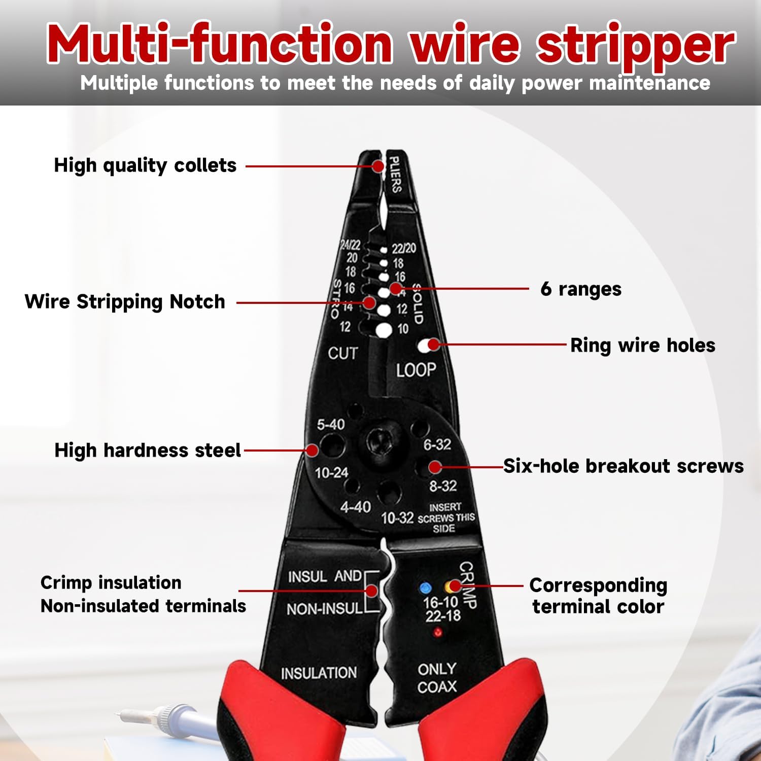 Wire Stripper Cutter Crimping Tool 8 Inch Multi-Function Cable Stripper 10-22 AWG Wire Stripping Tool with Screw Cutting Feature for Electrical Wiring Repair Use