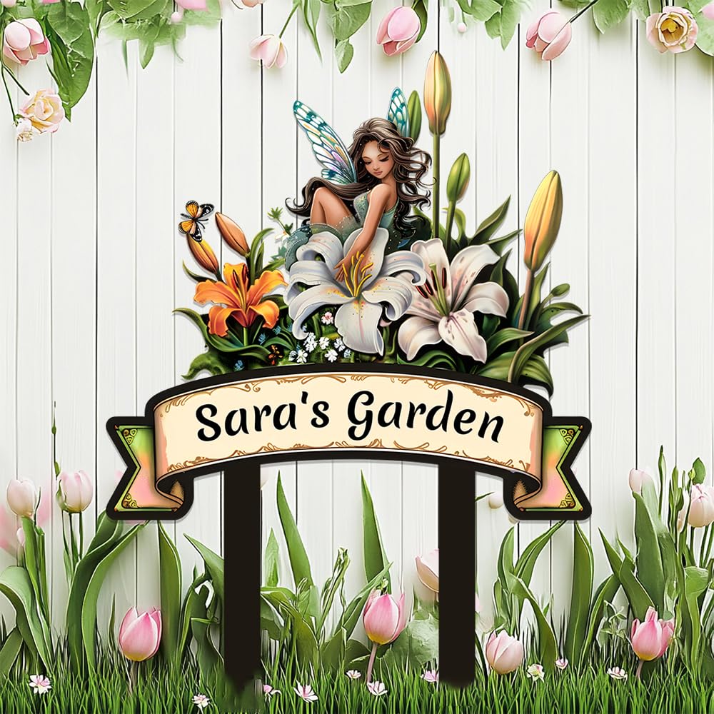 Custom Fairy Garden Metal Sign for Outside,Personalized Flowers Gardener Name Signs with Stake,Customized Butterfly Welcome Plaque for Birthday Housewarming Gift,Gardening Decor for Lawn Yard Outdoor