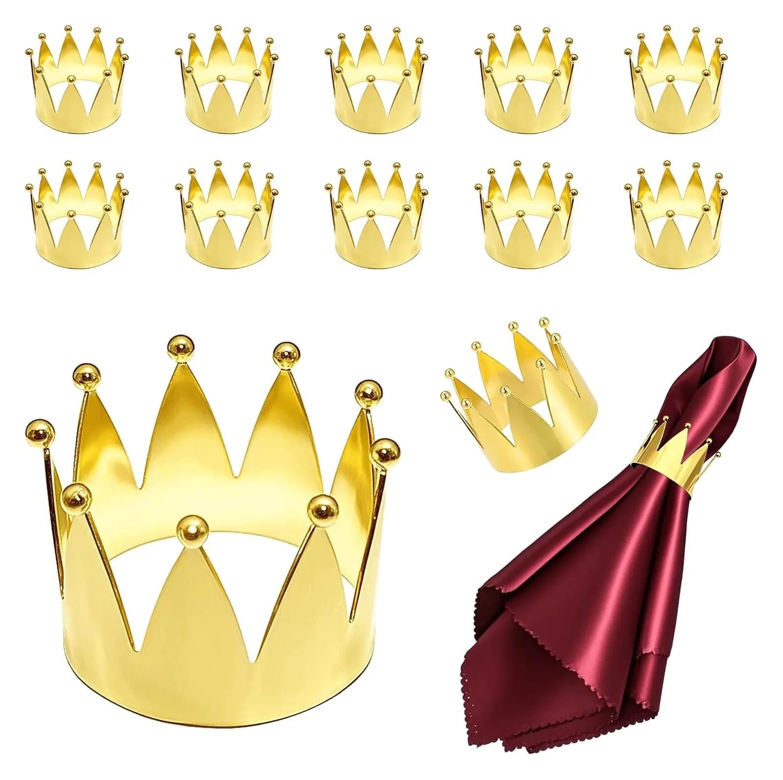 napkin rings Glossy Bead Crown Creative Metal Table Decor Hotel Napkin Ring Holder Fine Dining Silverware Accessories Elegant Place Setting(Golden-12PCS)
