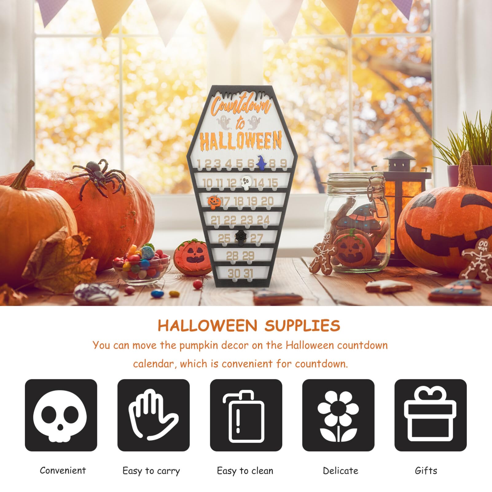 ifundom Halloween-countdown-kalender aus Holz in Sargform Adventskalender für Dekoration und Zählen der Tage
