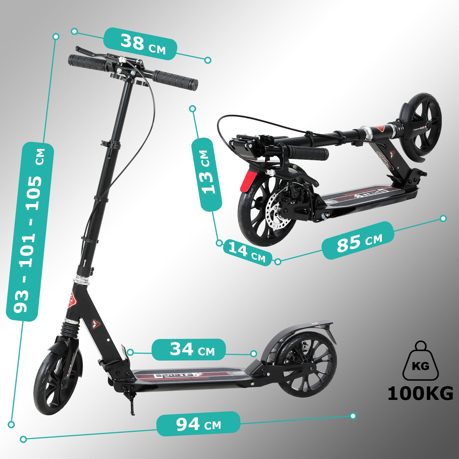 ISE Trottinette Pliable 2 Roues en Aluminium,Hauteur de Guidon Réglable,Double Système d'absorption de Choc & Freinage,Grande Roue avec Pneu Antidérapant,pour Adultes et Adolescents de 12 Ans à 100kg