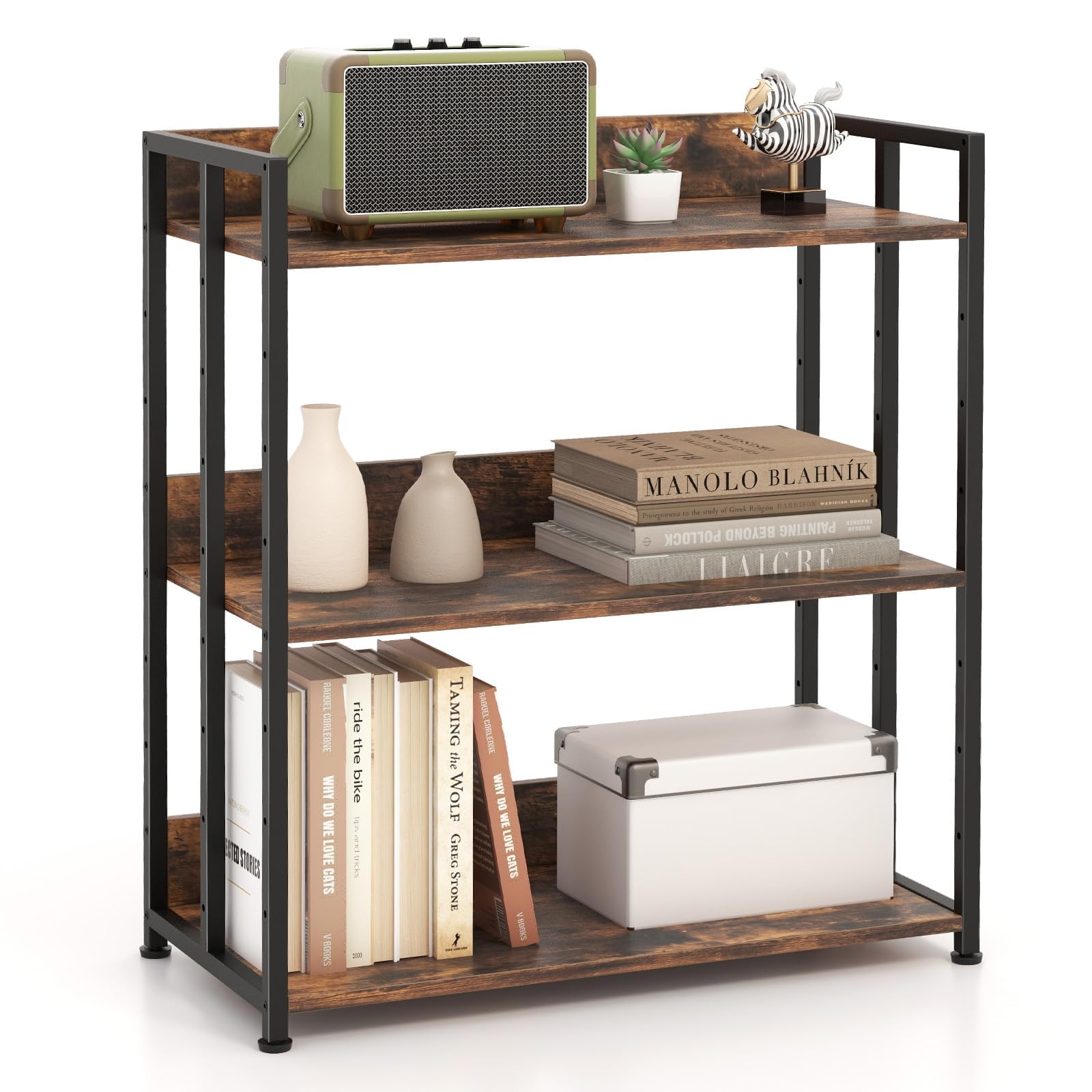 FANTASK Scaffale portaoggetti con telaio in metallo e ripiani regolabili, scaffale a 3 ripiani, libreria per studio, soggiorno e cucina, 70 x 35 x 81 cm (marrone rustico)