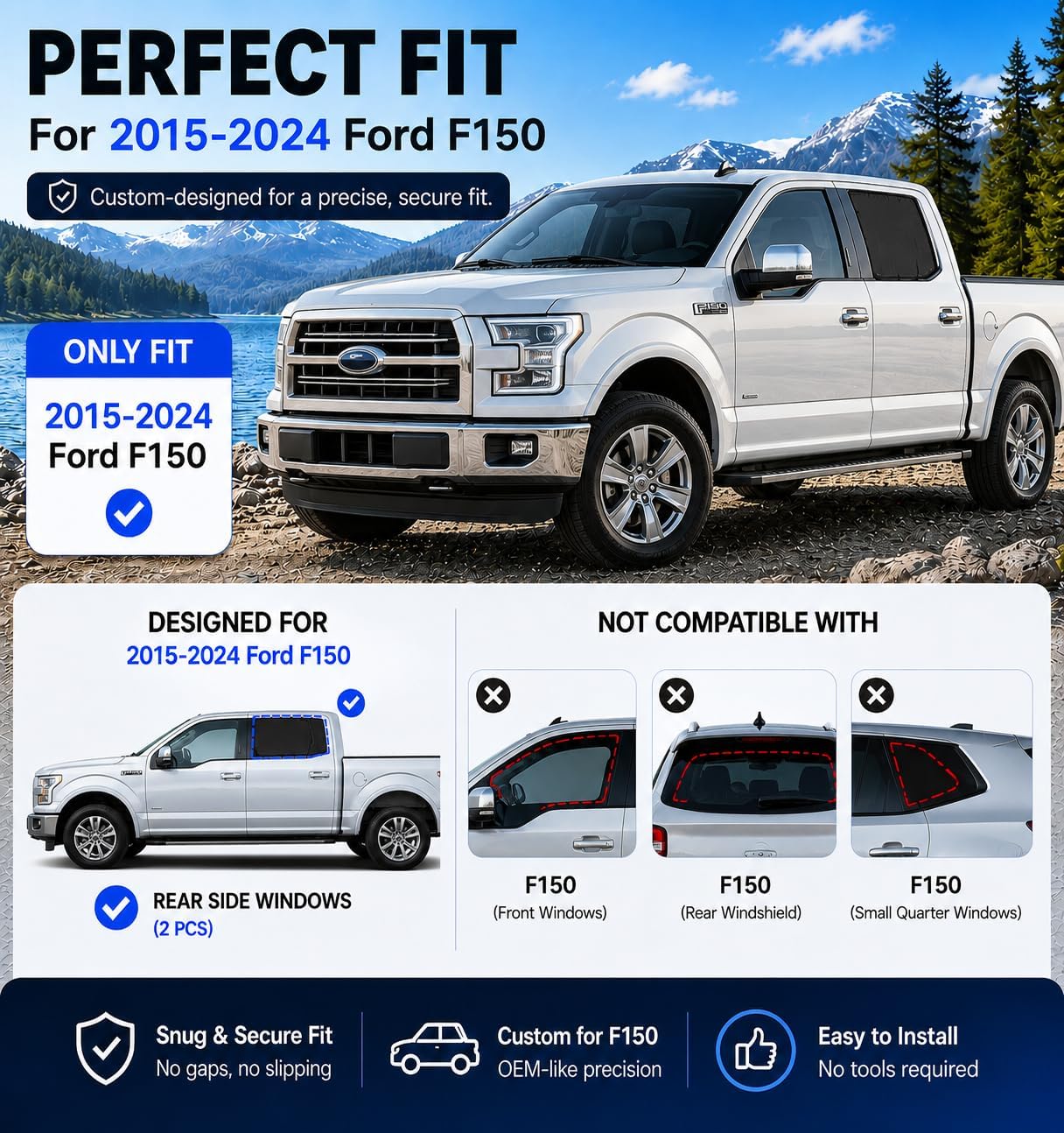 Car Window Shades for 2015-2025 Fo'rd F150 Rear Side Window Shade | Breathable Car Privacy Window Covers, UV Protection & Heat Insulation, Sunshade for Baby Camping Napping, 2PCS