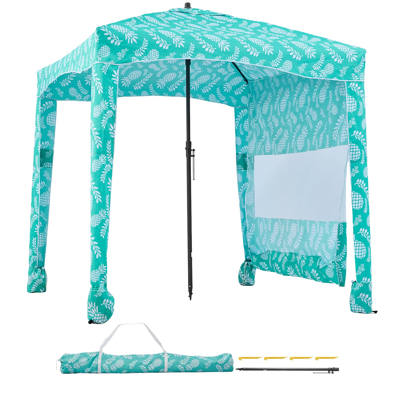 VEVOR Cabaña de Playa con Toldo Lateral, Ligero y Portátil, Protección Solar UPF 50+, Sacos de Arena y Sombrilla Portátil para Toda la Familia y Amigos, Rayas Verde Claro, 1830 x 1830 x 2290 mm