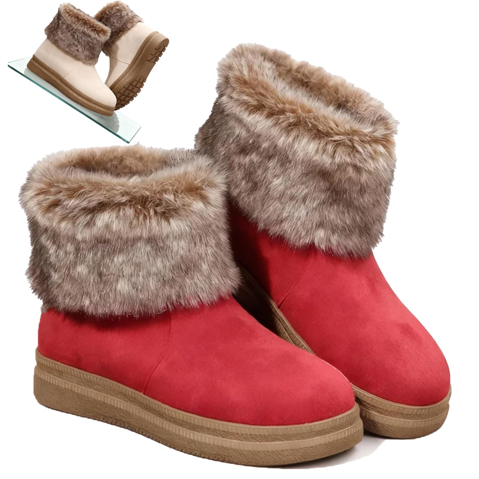 Womens Fleece-Lined Warm Thick-Soled Comfortable Cotton Boot-Womens Winter Ankle Boots with Non-Slip Sole - Furry Boots