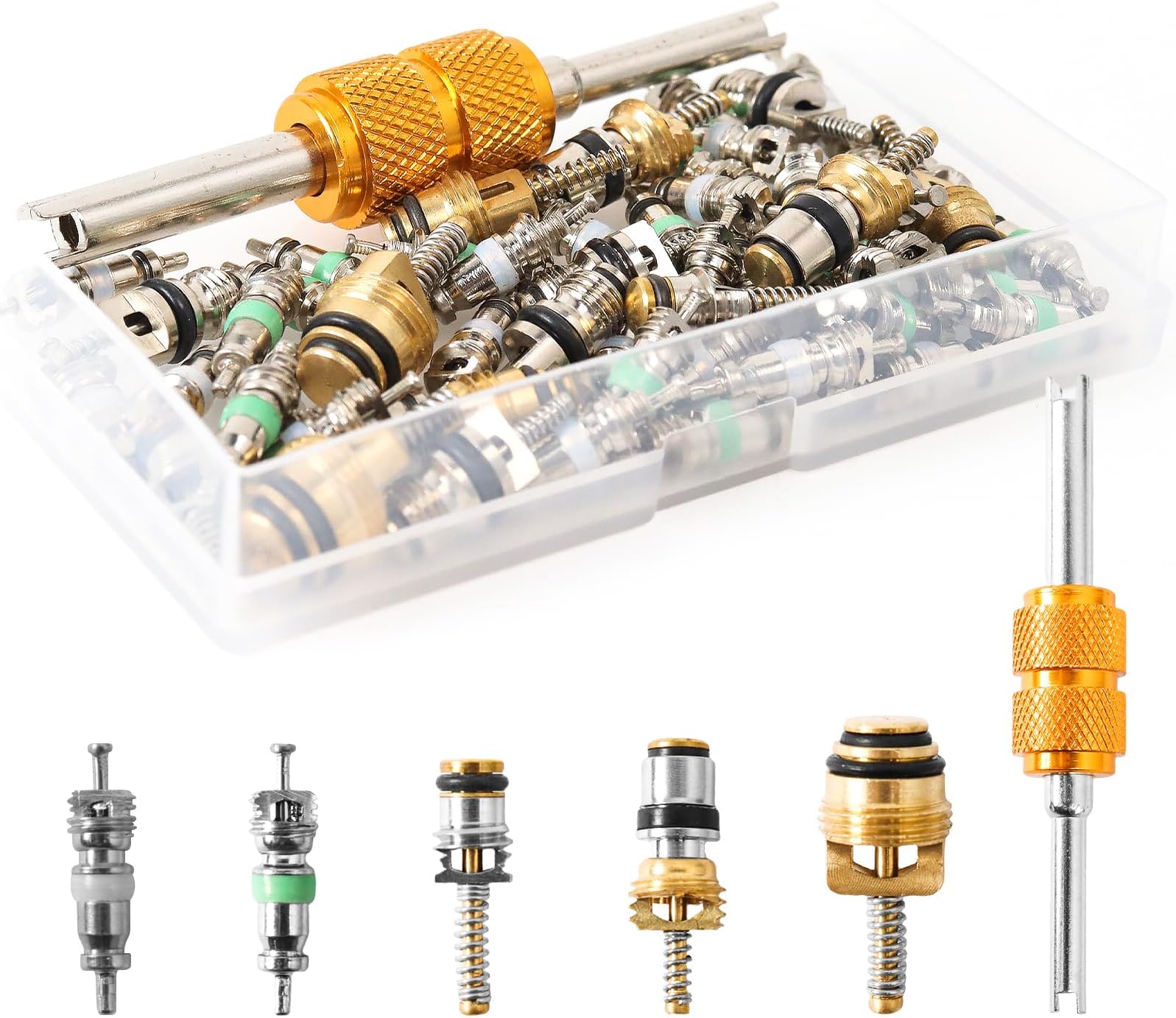 TORIHIKI 56 Pcs AC Valve Core Kit, Air Conditioning Valve Core, AC Valve Kit R12 R134a Refrigeration Tire Valve Stem Cores with Remover Tool Assortment Kit for Most Cars