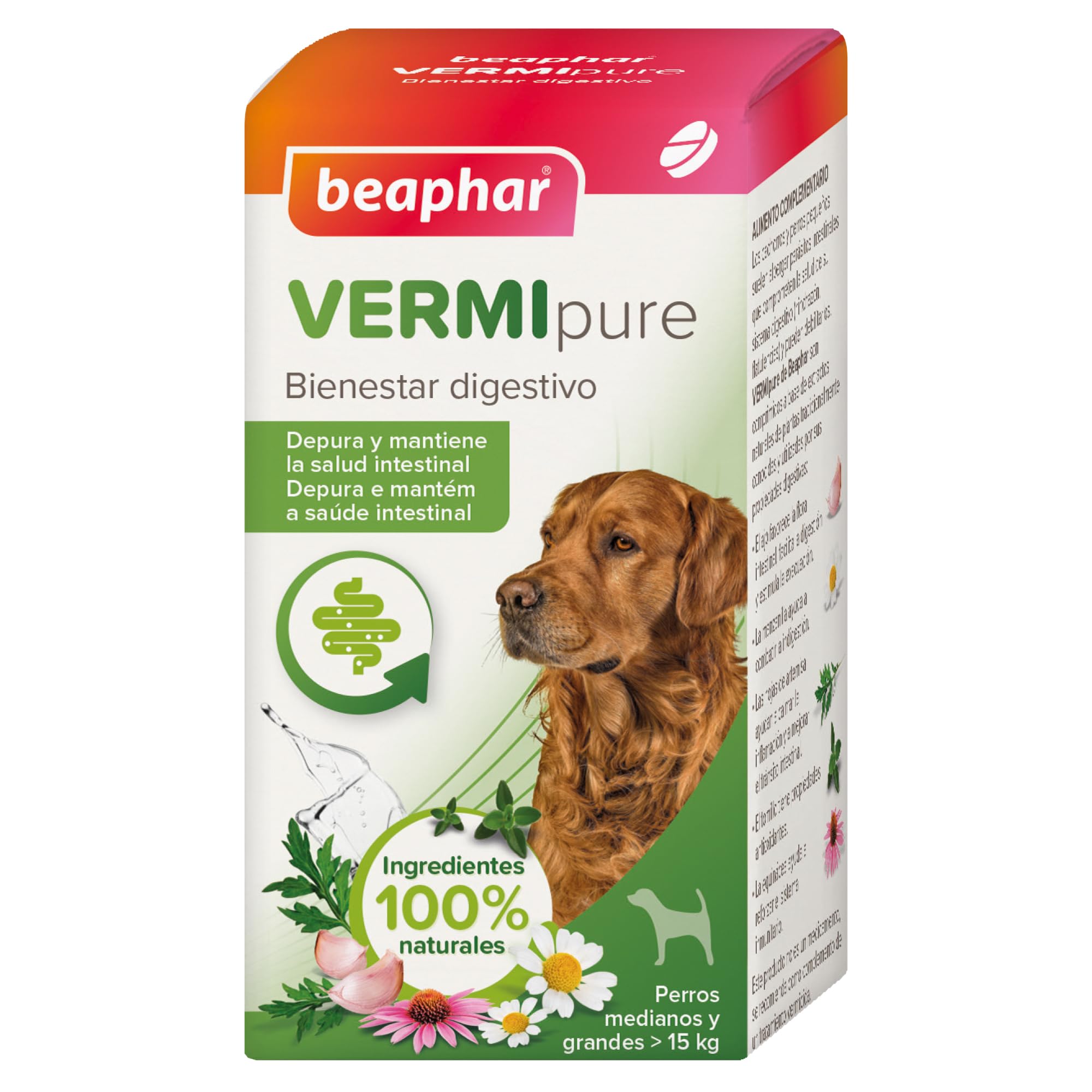 Beaphar VERMIpure Comprimidos Naturales - Perros >15kg Medianos y Grandes - 50 Comprimidos