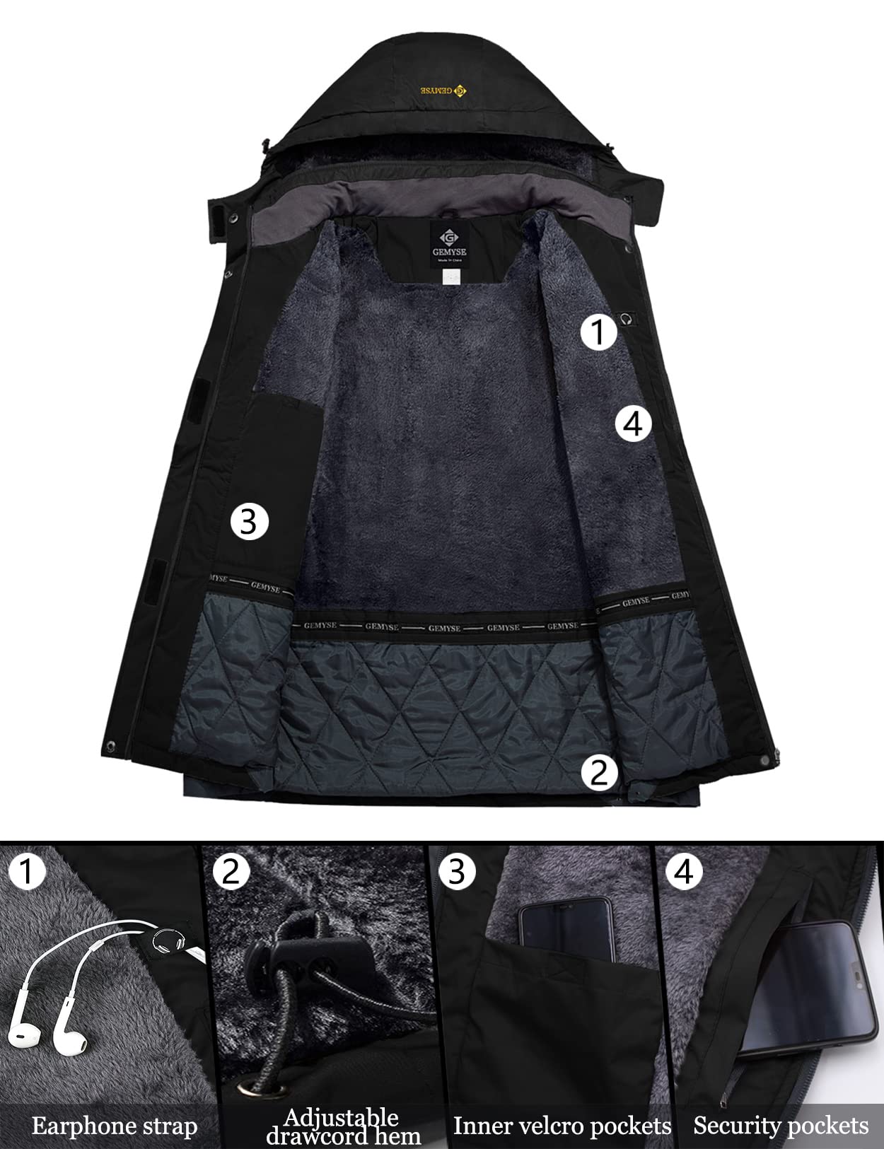 GEMYSE Donna Giacca da Sci impermeabile montagna Giacche Pile invernale antivento Cappotto con Cappuccio
