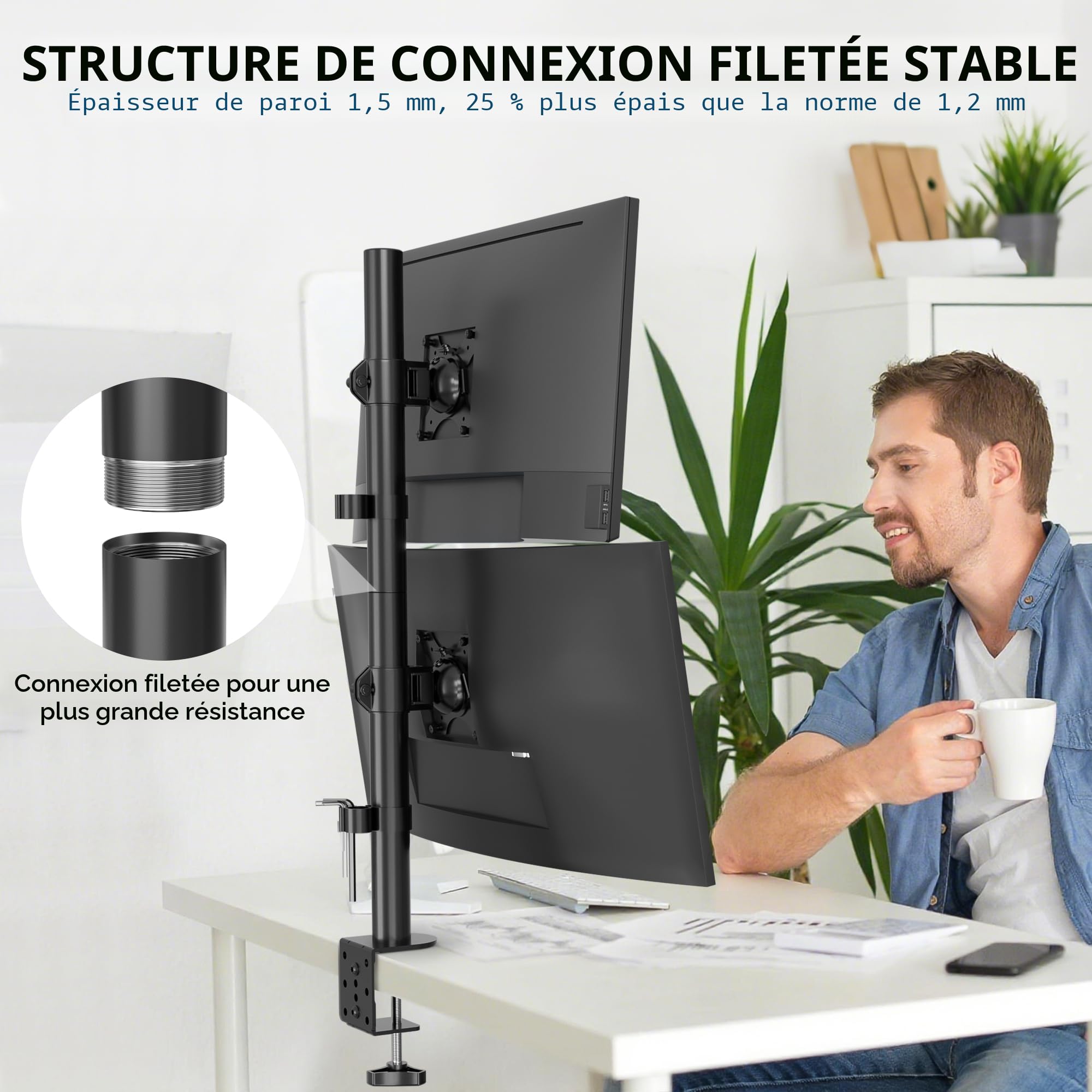 BONTEC Support Ecran PC Double Vertical pour 2 Moniteurs 13-34 Pouces, Bras Articule VESA 75x75/100x100mm, 10kg, Rotation 360, Inclinaison ±15°, Pince en C