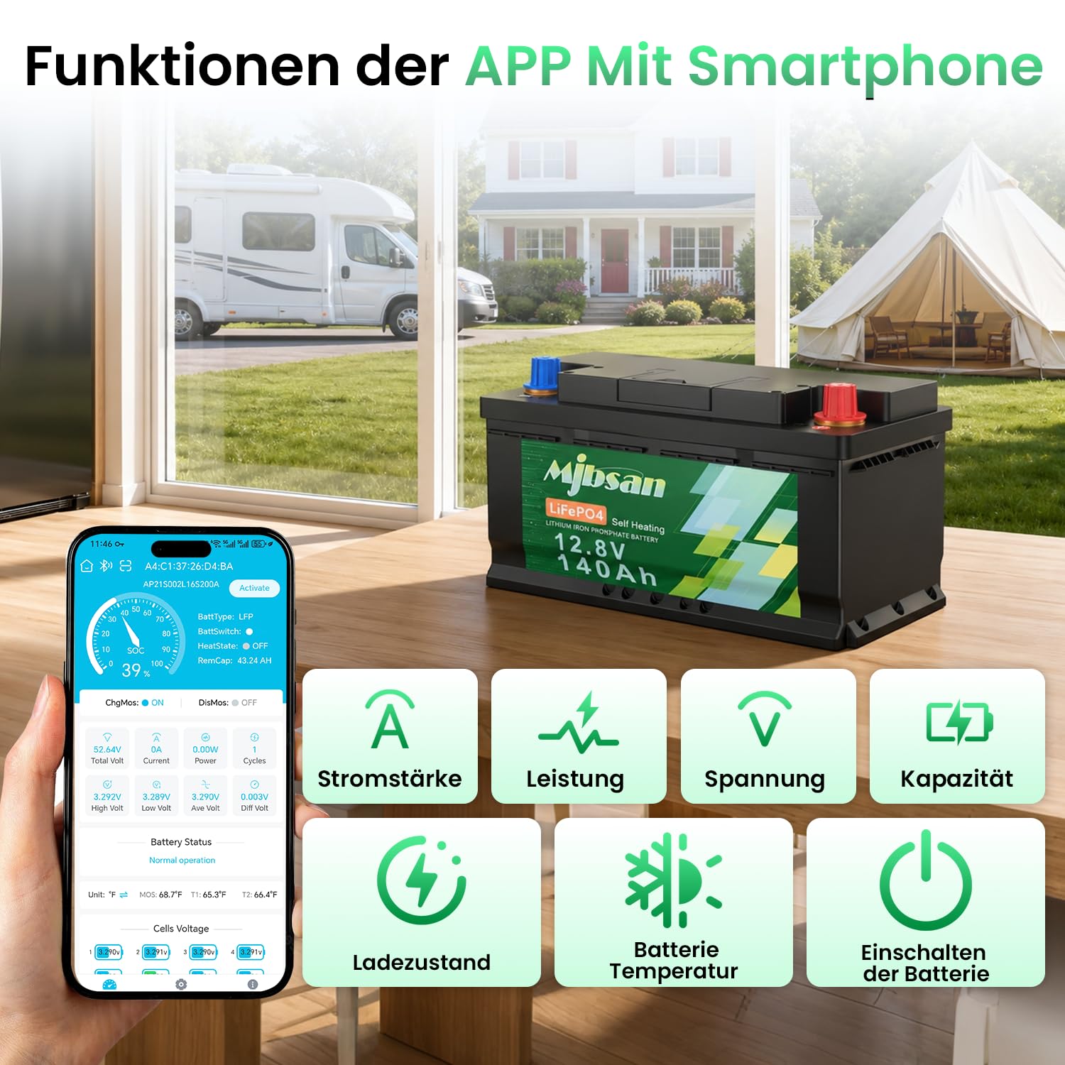Mjbsan Akumulator litowy 12 V 140 Ah rozmiar H190 z Bluetooth i samonagrzewający, obsługuje ładowanie w niskiej temperaturze -20°C, wbudowany BMS 150 A, maks. 15000 cykli, energia 1792 Wh, do