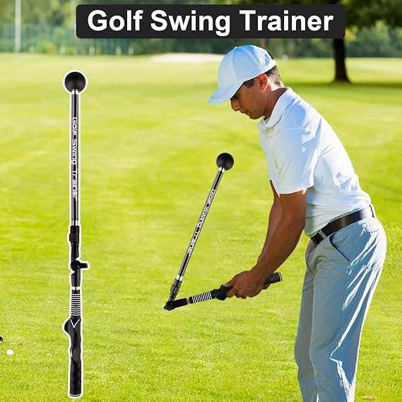 Golf Swing Trainer Aid Adjustable, Portable Golf Training Aid to Improve Hinge, Forearm Rotation, Shoulder Turn – Lightweight, Foldable Golf Swing Training Aid Stick with Ergonomic Grip (Black)