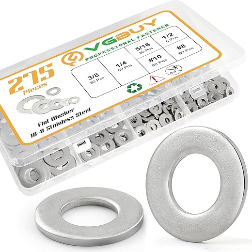 VGBUY 275PCS Washers Assortment Kit, Thickened 304 Stainless Steel Flat Washers for Screws, Asorted Metal Washers for Bolts, SAE Hardware Washers Set #8, 10, 1/4, 5/16, 3/8, 1/2