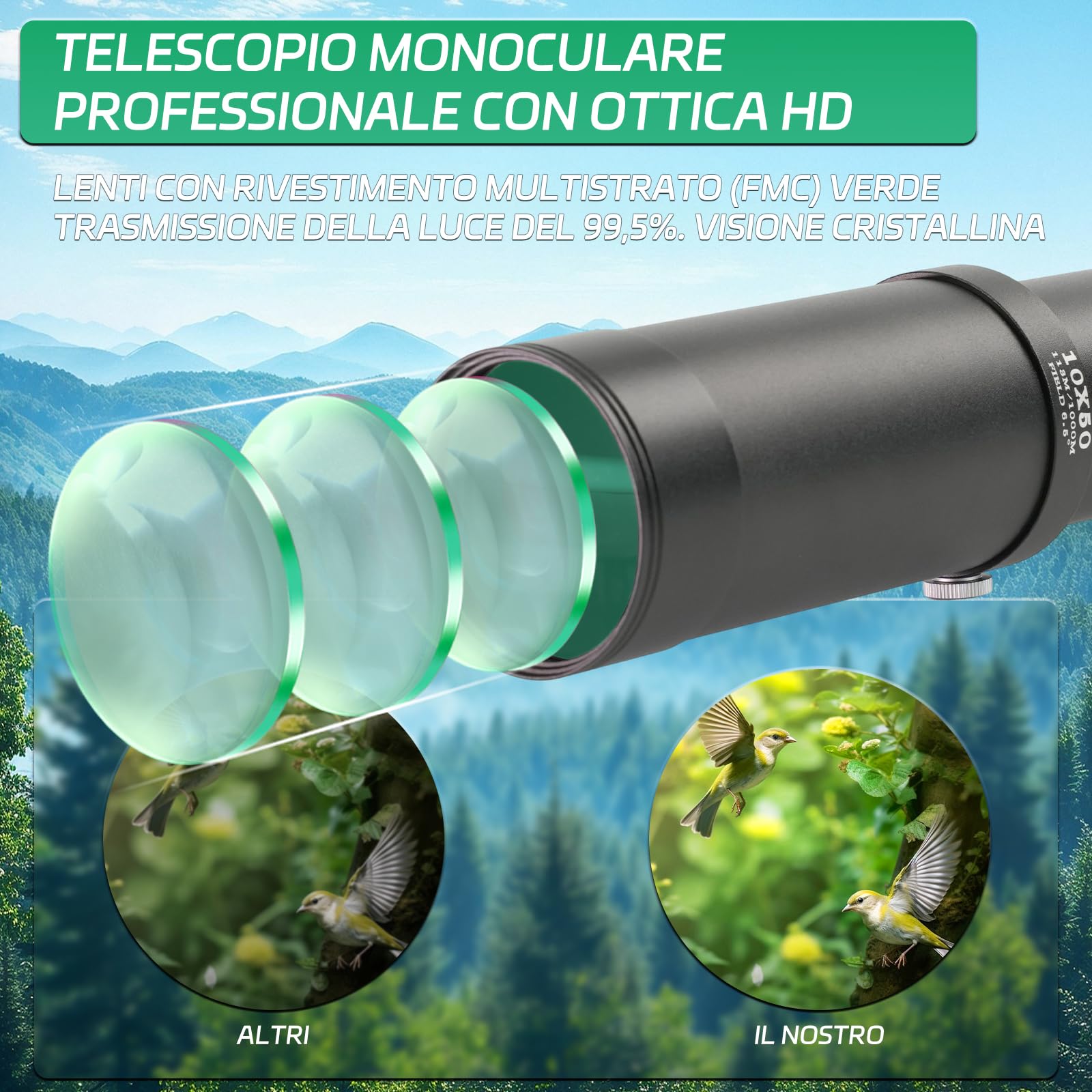 Telescopio Monoculare 10x50,Impermeabile per Birdwatching | HD FMC ad alta potenza Telescopio monoculare,Portatile per adulti bird watching caccia escursionismo, campeggio