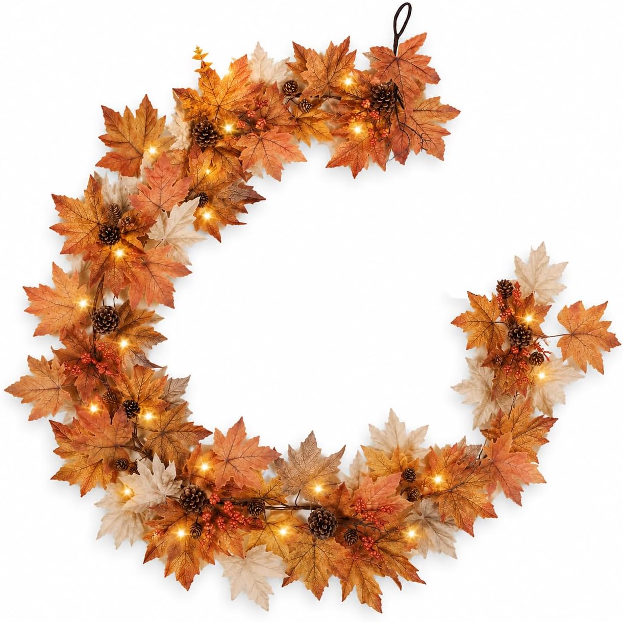 6 FT Lighted Fall Garland with Timer, Maple Leaves and Pinecones