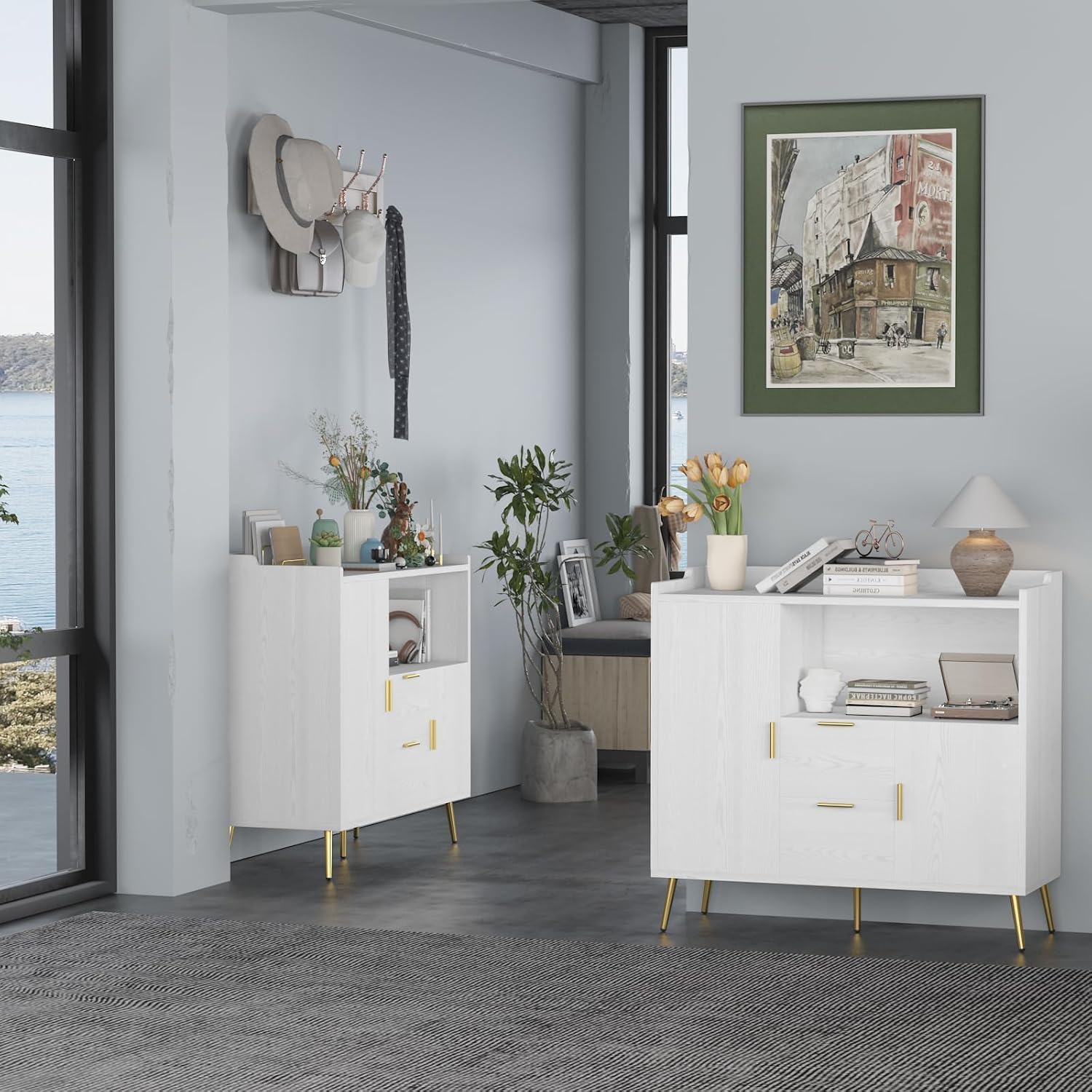 Modern Storage Solution Buffet Sideboard Cabinet – Wooden, 40 Inch, with Drawers, Doors, Adjustable Shelves, Open Compartments – Perfect for Kitchen, Dining Room, Living Room – Color: White
