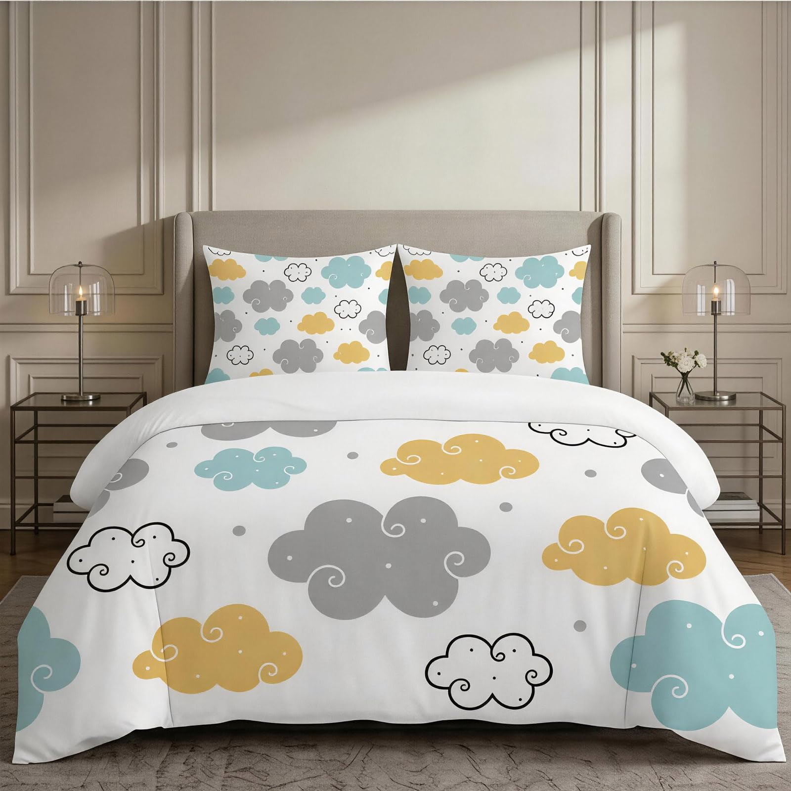 Housse de couette 200x220 impression 3D nuages colorés microfibre douce