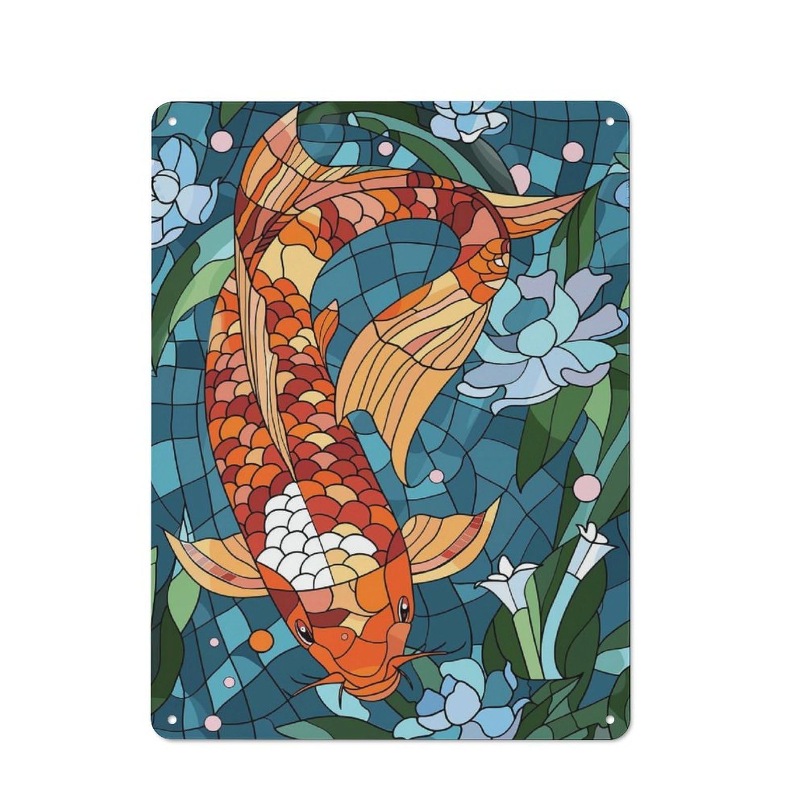 Junmoney Style-23 Urban Metal Wall Art Sign 40X30cm Featuring Stained Glass Koi Fish And Lotus Flowers, Studio Wall Art For Modern Home, Workshop, Office Or Cafe