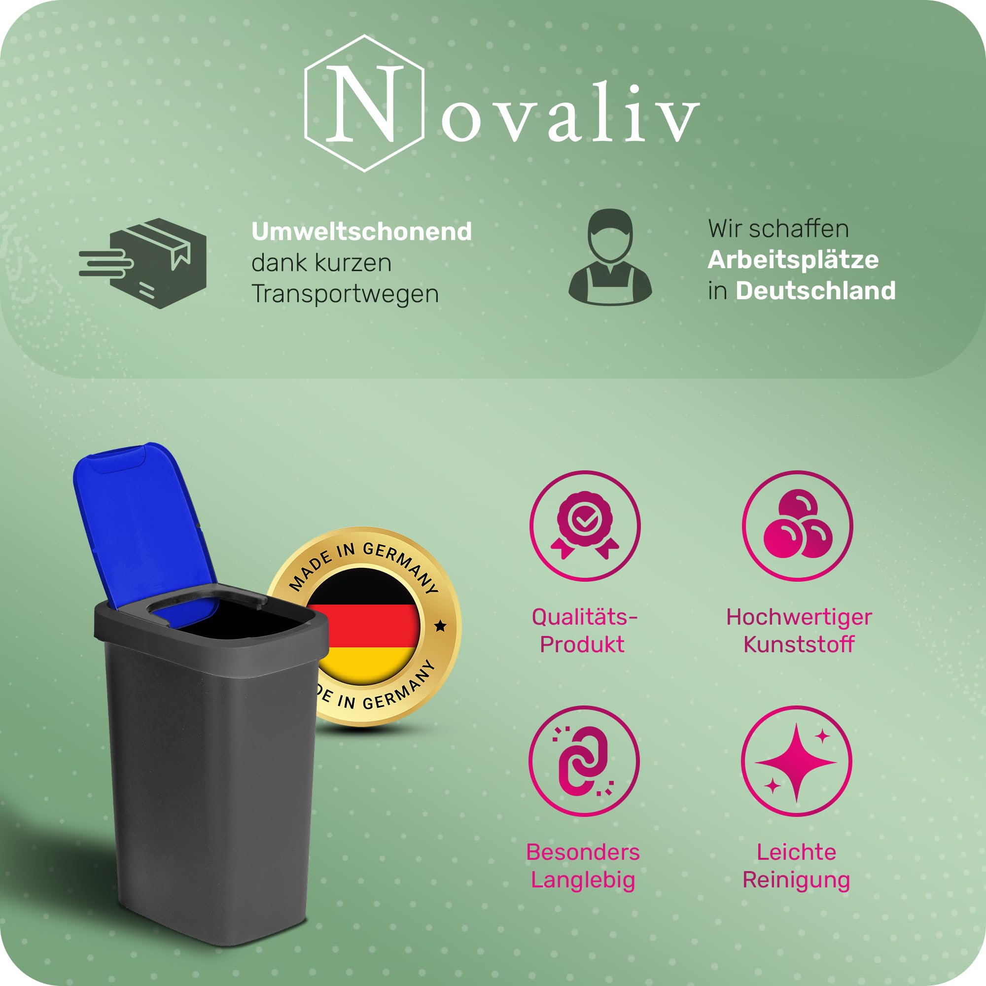 Novaliv Mülltrennsystem 50L 4er Set Mülleimer mit Schwingdeckel, Mülltrennung Küche Abfalltrennung, Schwarz Blau Gelb Grün, Recycling Wertstoff Mülltrennsystem Abfallbehälter Küche Haushalt Büro Müll