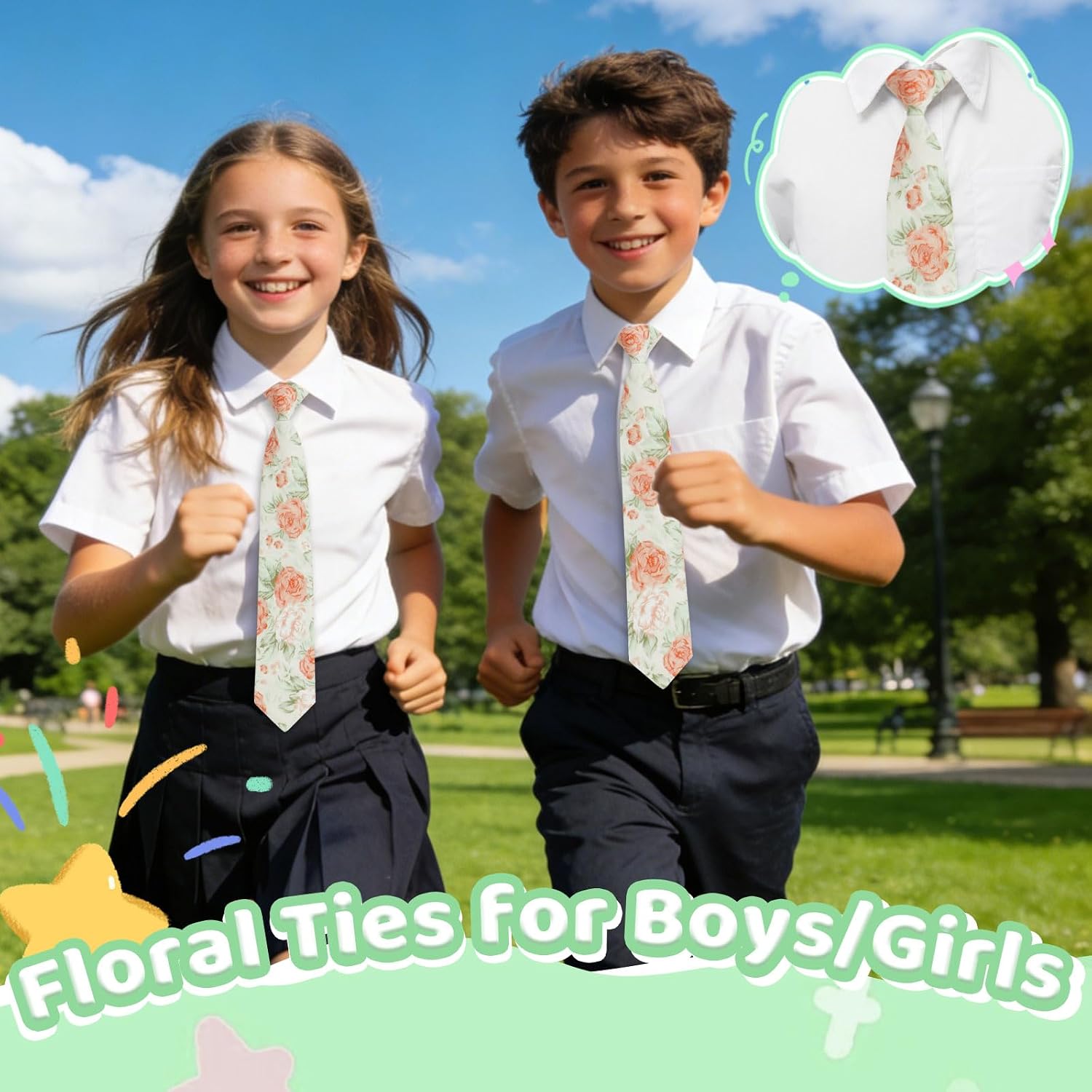 Kids Tie with Floral, Cotton Ties for Boys Girls Pre-tied Adjustable Toddler Neckties for School Graduation Daily