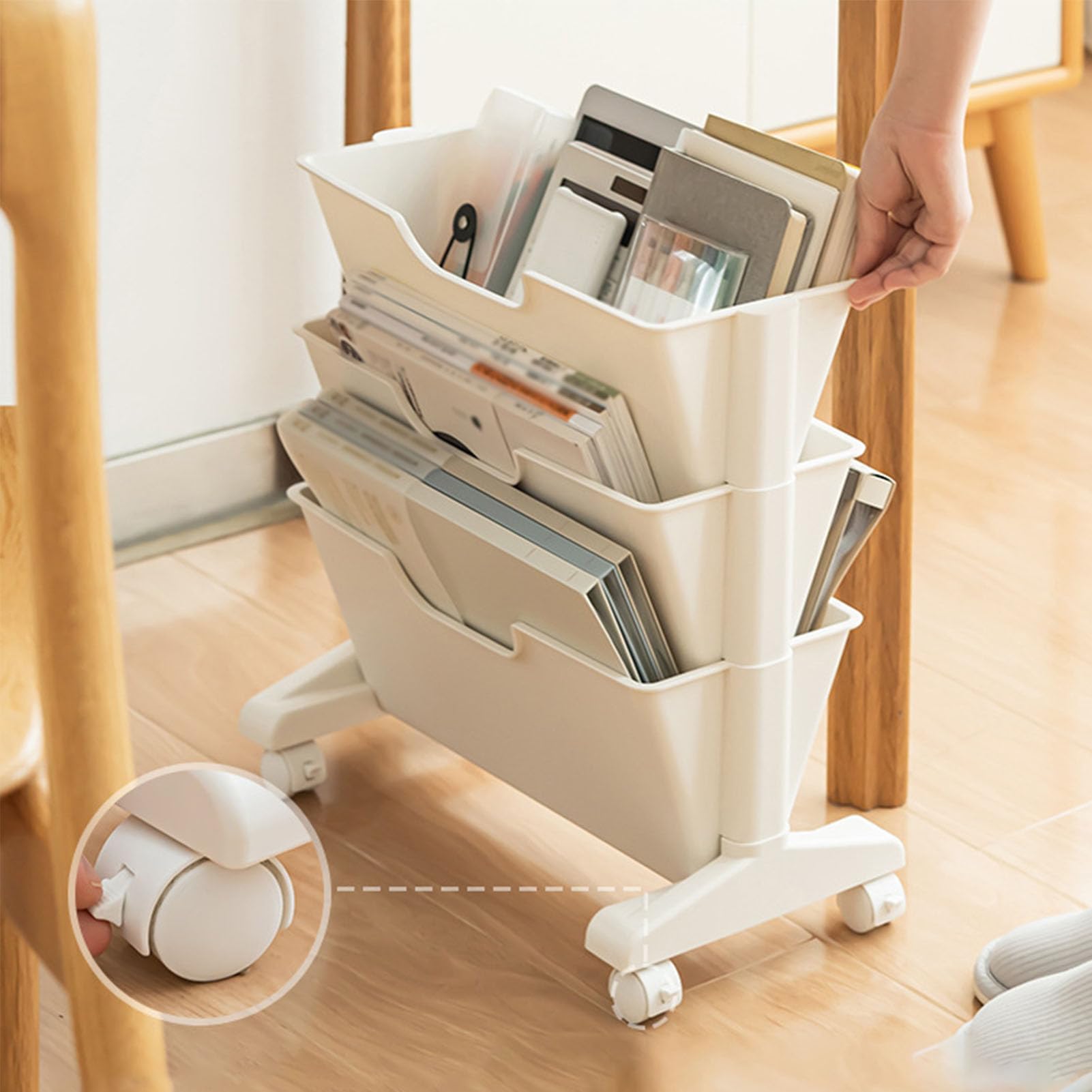 XHTLLO Mobile Bookshelf with Wheels, Removable Plastic Rotatable 3 Tier Mobile Bookshelf, Saving Space 4 Wheel 360° Rotation Movable Bookshelf for Bedroom, Dormitory, Office, Classroom(White)