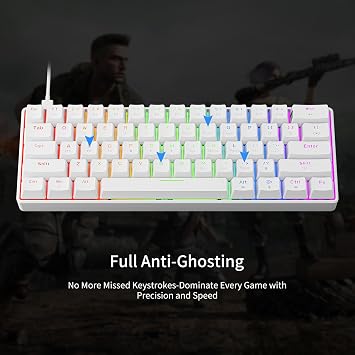 NEWMEN GM611 Gaming Keyboard,60% Percent Mechanical Keyboard Red Switches | 61 Keys,LED Backlit,Anti-Ghosting,White Keycaps ,Wired Gaming Keyboard,Qwerty,PC, Windows, Gamer, Office, Typist Red Switches