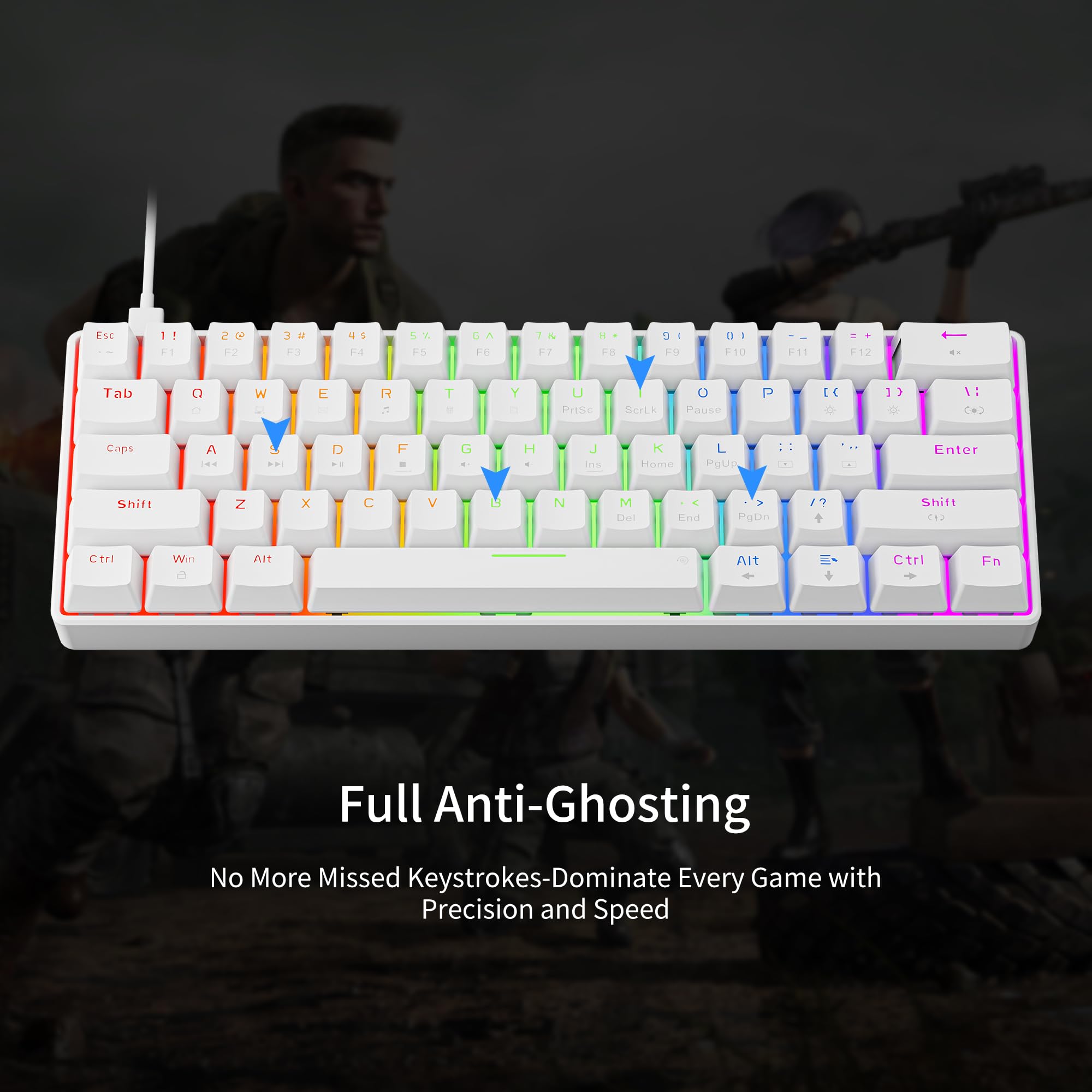 Newmen Tastiera meccanica GM611, con retroilluminazione a LED arcobaleno, con cavo, compatta, mini 61 tasti, portatile, 60%, tastiera meccanica con copritasti bianchi, per computer portatili Windows