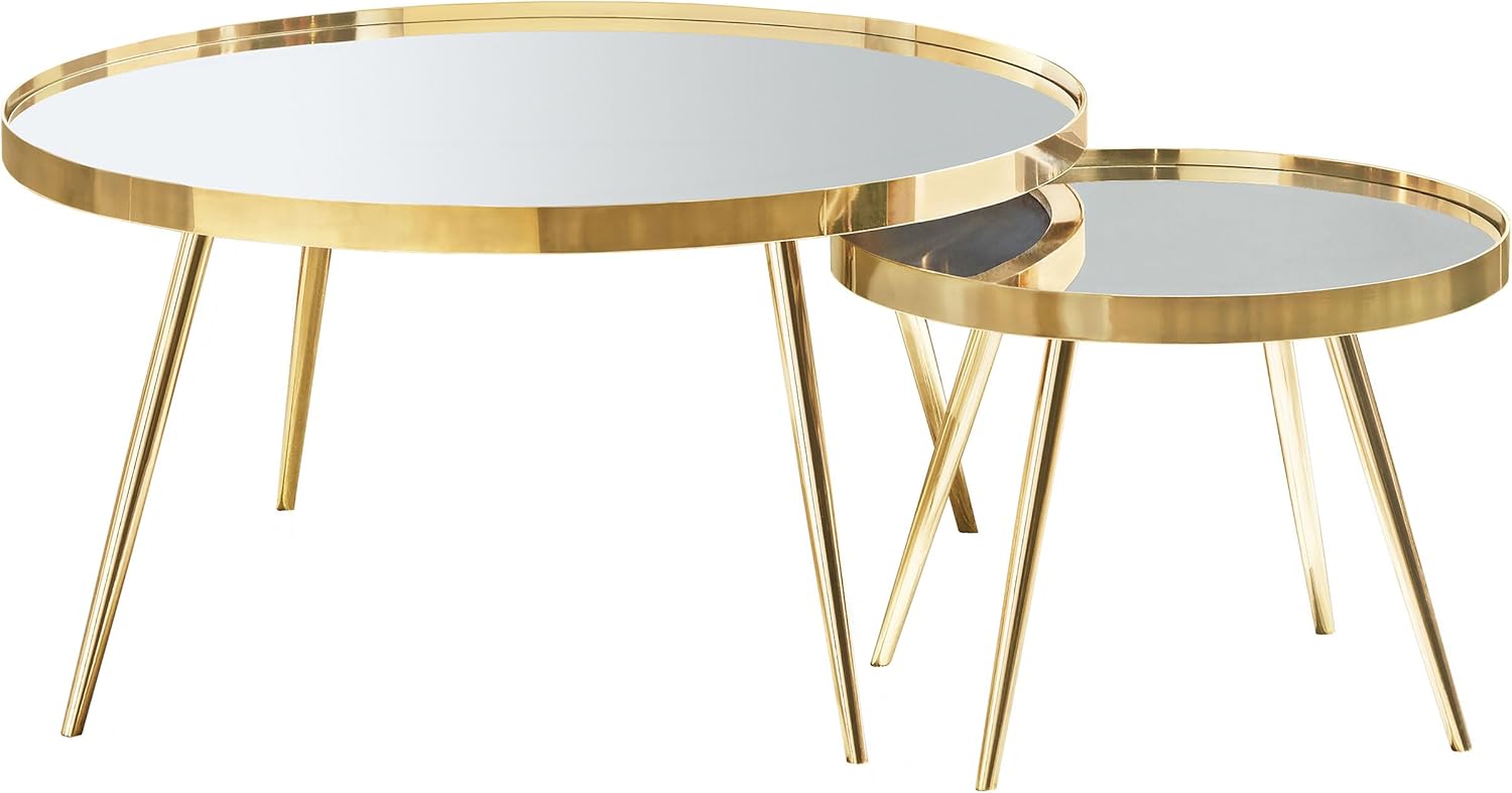 Kaelyn 2-Piece Round Mirror Top Nesting Coffee Table with Angled Metal Base, Modern Reflective Mirror Coffee Table Nesting Set for Living Rooms, Gold