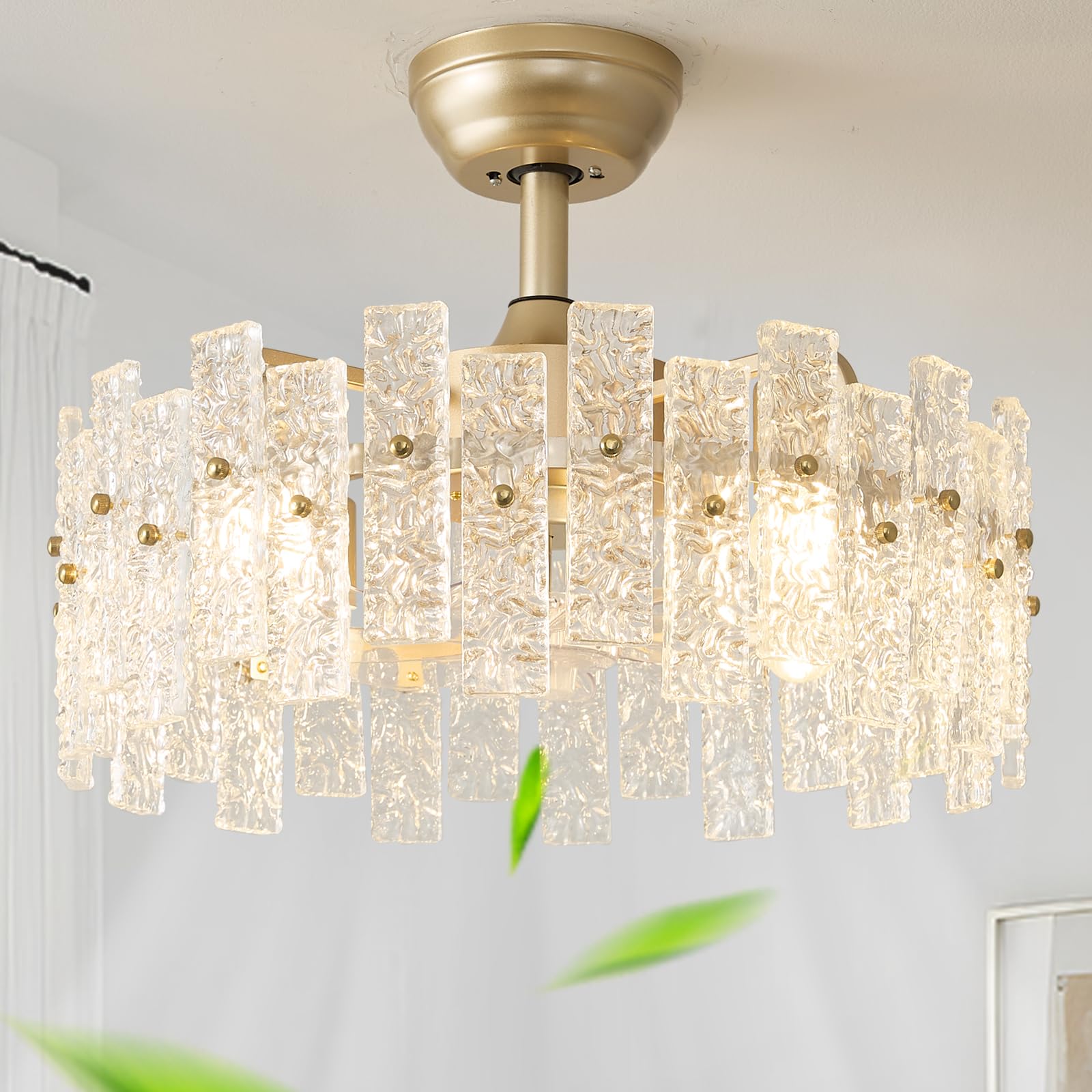 Crystal Chandelier Fan Caged Ceiling Fan with Light Glass Semi Flush Mount Fandelier Remote Control 6 Speeds 20 Inch Low Profile for Girl's Bedroom Living Room Kitchen Island