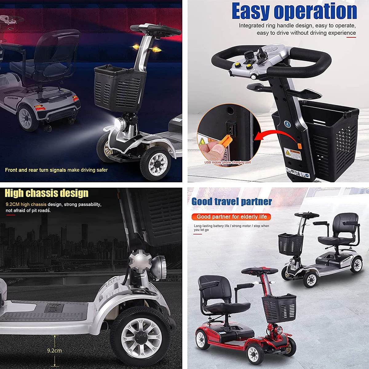 Scooter eléctrico para ancianos - Scooter de motor - Vehículo eléctrico para viajes Scooter de movilidad de 4 ruedas - Silla de ruedas móvil eléctrica para adultos - Plegable y compacto - Verde