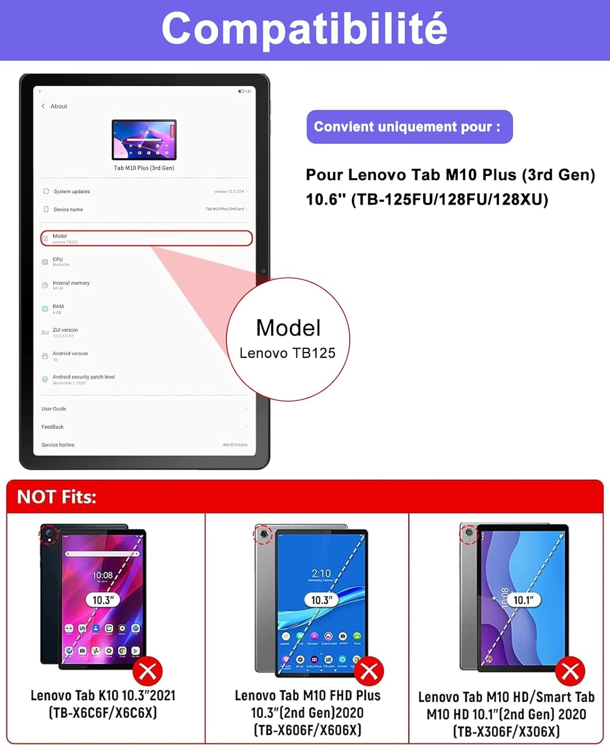 Compatibility information for SENGBIRCH keyboard case showing compatible and incompatible Lenovo tablet models.
