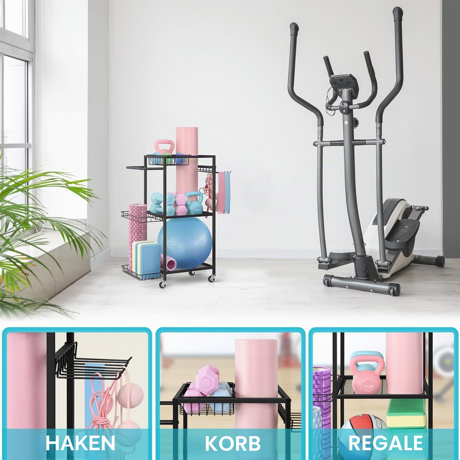 LIANTRAL Hantelständer, Yogamatte Aufbewahrung mit Rädern und Haken, Fitnessgeräte Aufbewahrungsregal, multifunktionaler Kurzhantelständer Yoga Matte Hantelablage, Gewichtsregal für Heim-Fitnessstudio