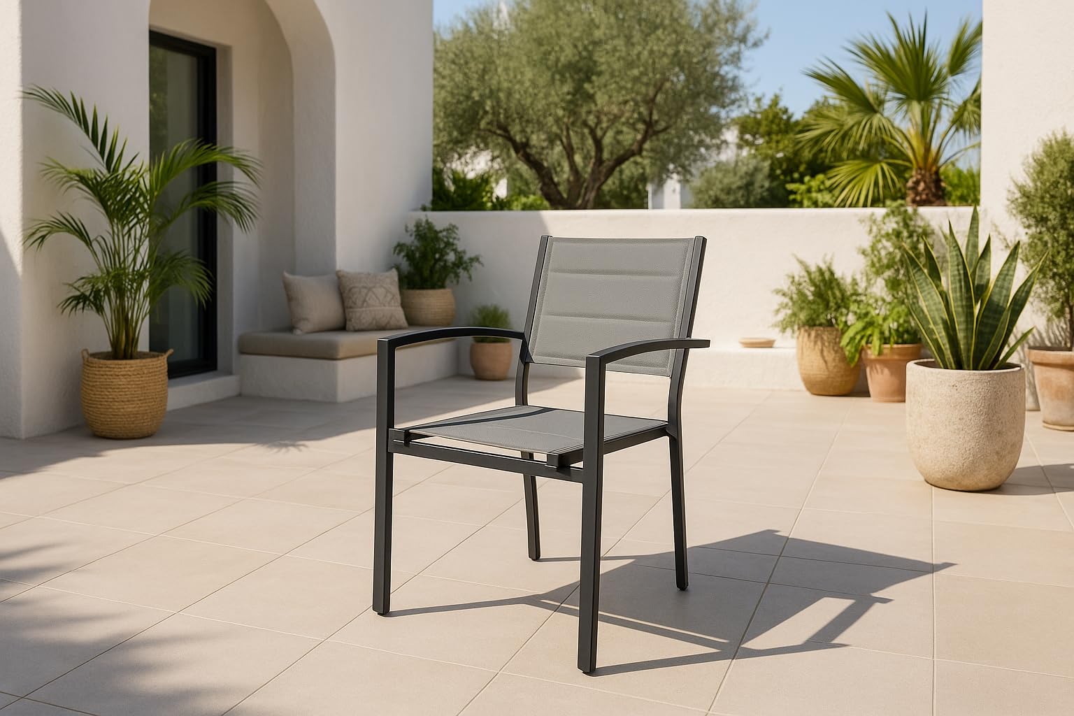 MOMMA HOME Pack 4 Sillas Terraza Exterior - Jardin Asiento y Respaldo Acolchadas con Reposabrazos, Material Textiline y Aluminio, Color Gris, Medidas 87,5 x 56,5 x 57,5 cm