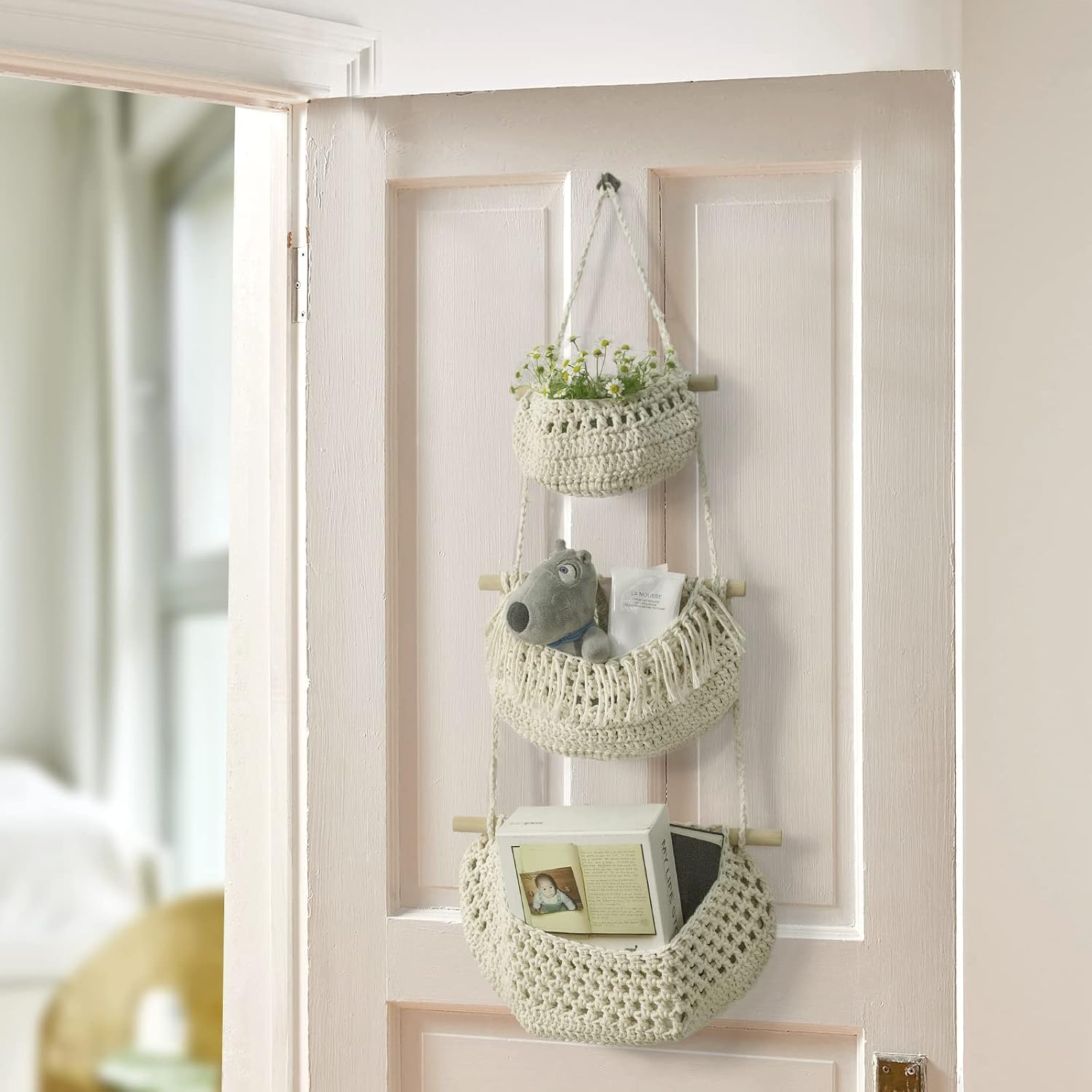 3 Tier Hanging Fruit Baskets for Kitchen, Handmade Cotton Organizer image 2