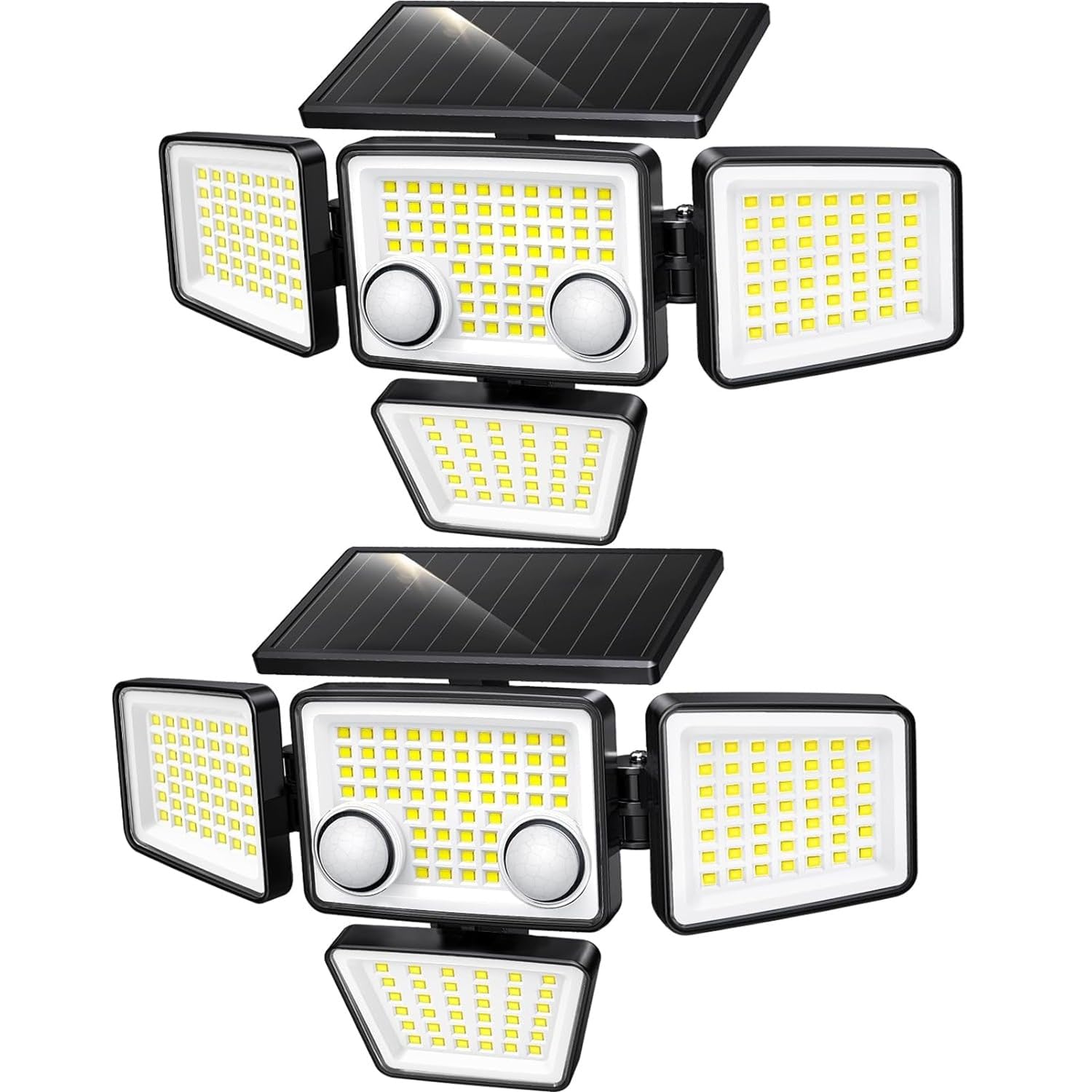 Lumisky FAIRVIEW - Set di 2 faretti solari a 4 teste nere – Luce LED potente, bianco, orientabili con rilevatore di movimento, ideali per fissare giardino, terrazza ed esterno