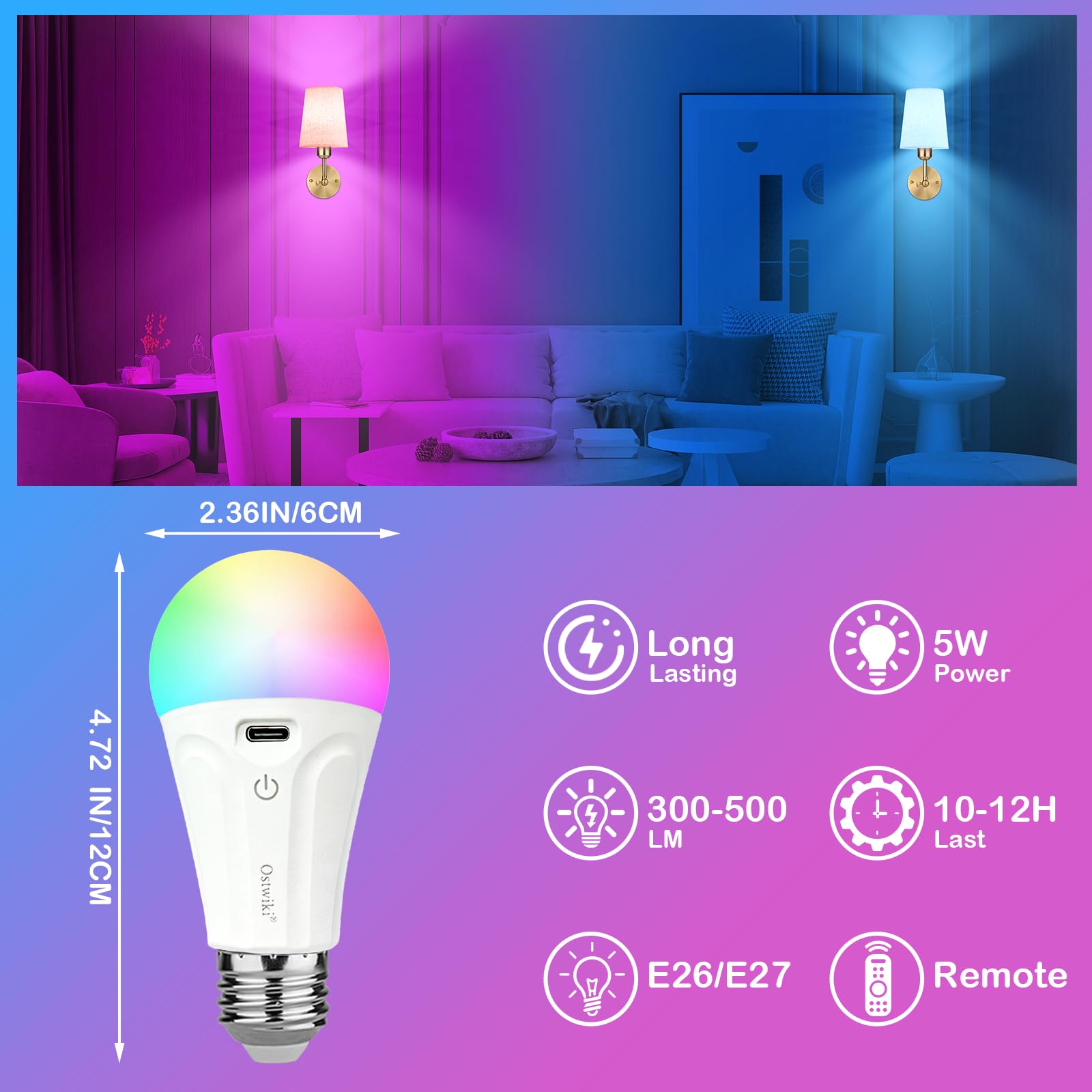 Lampadine ricaricabili con telecomando e ganci, A19, dimmerabili, senza fili, alimentate a batteria, con 15 colori, 3 timer, per applique, casa, senza fili, confezione da 4 lampadine di emergenza E26