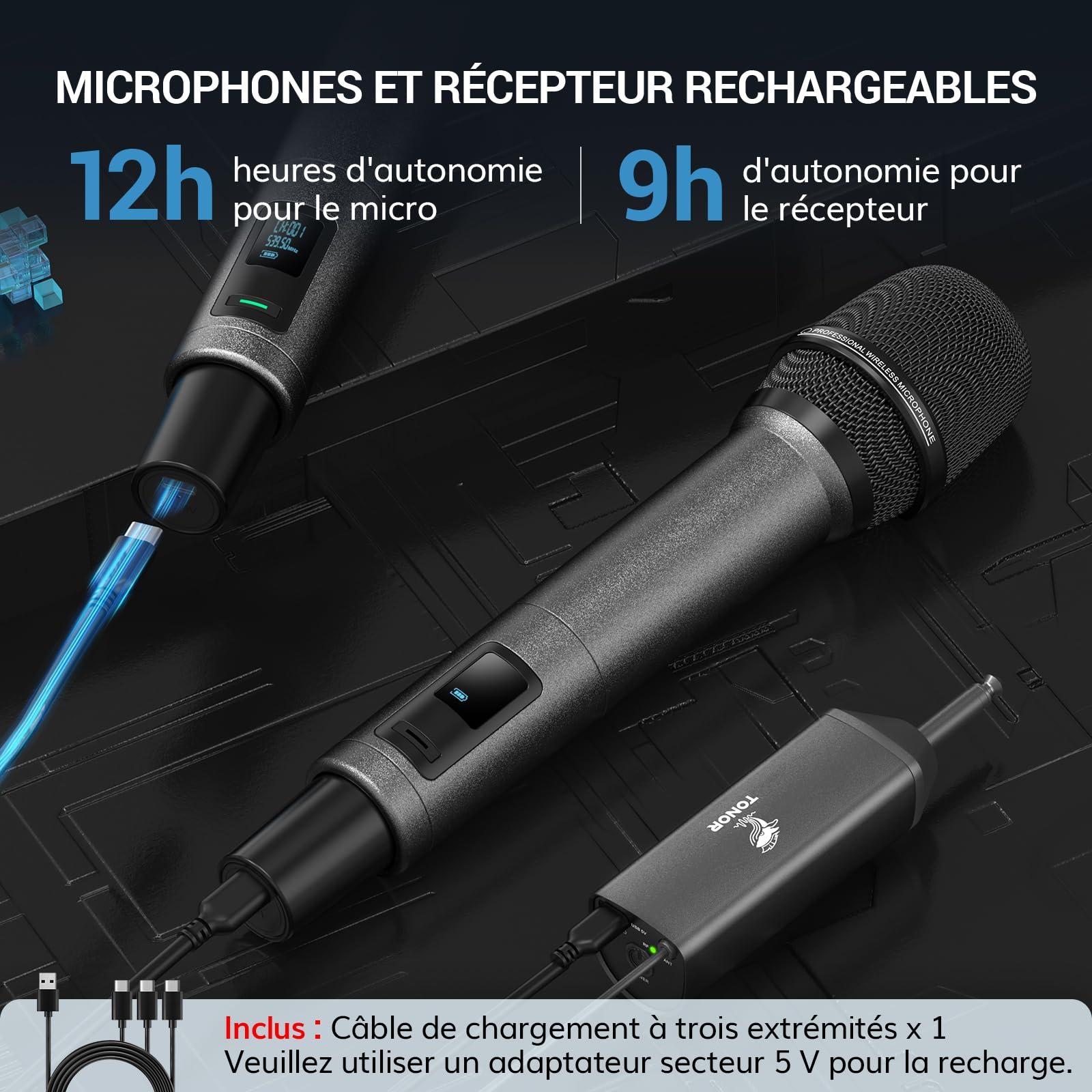TONOR Microphone sans Fil Rechargeable Professionnel, Micro Dynamique en Métal 2x100 UHF, 80 M Range, TW520