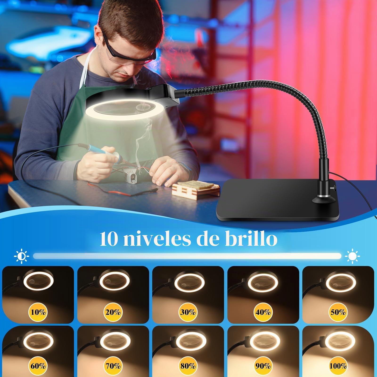 NZQXJXZ 10x Lupa con Luz y Soporte, Lampara Lupa con 72 LED, 3 Temperaturas de Color y 10 Niveles de Ajuste de Brillo para Aficiones, Lectura, Joyería, Trabajo de Cerca