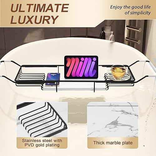 Gold Bathtub Tray with White Marble Base - Adjustable Bath Caddy(Black)