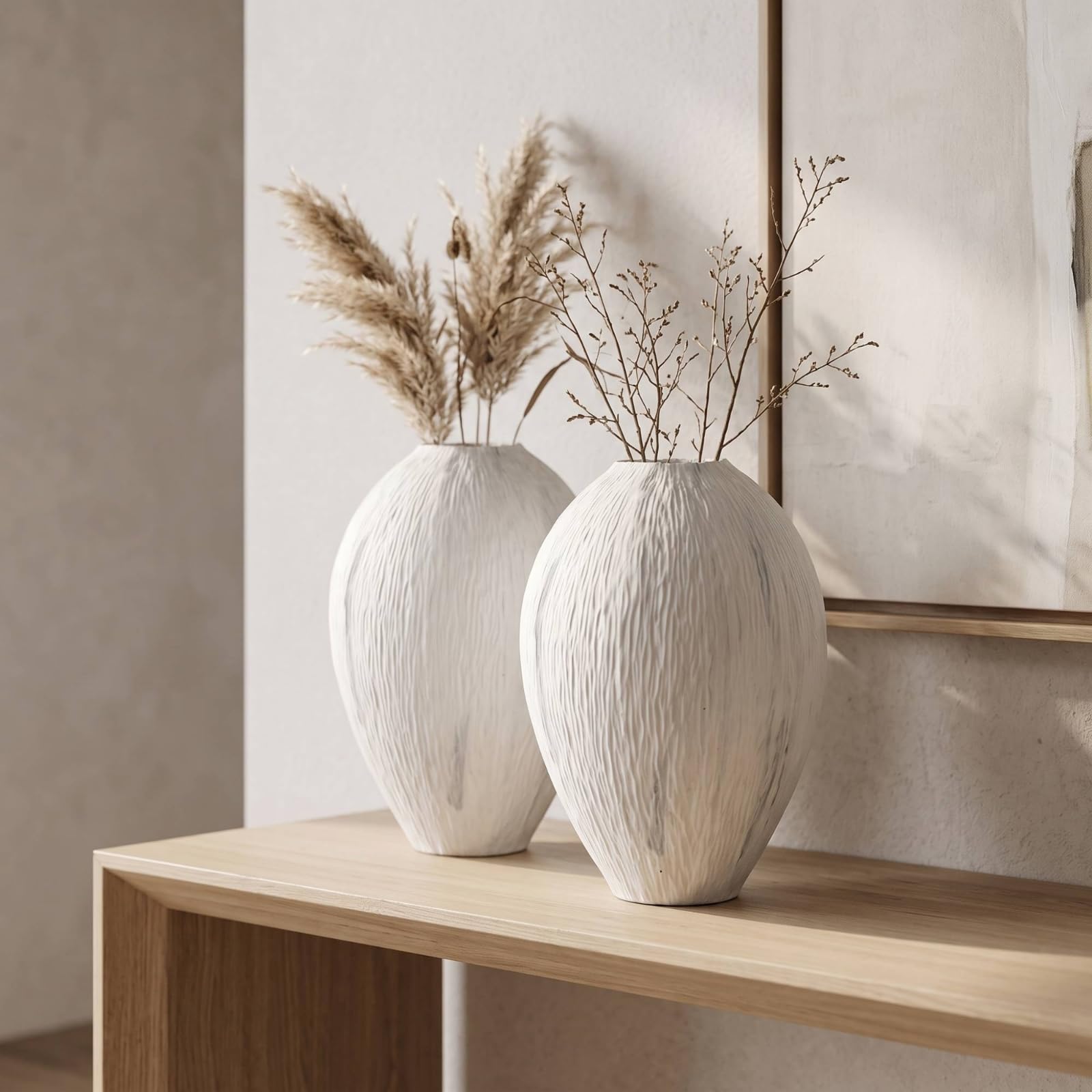 Jarrón de Cerámica Florero Botella Ornamento Superficie Estriada Hecha a Mano y Silueta con Cuello Estrecho Base Estable para Estanterías Recibidor, Envejecido, 24.5 24.5 H28cm