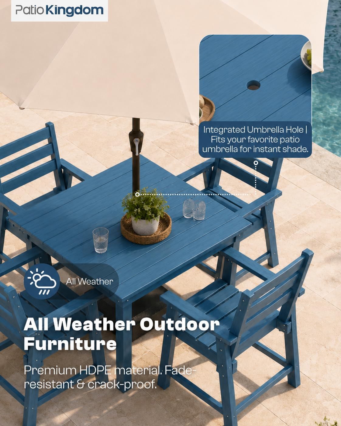 Outdoor Dining Set for 4, HDPE Patio Table and Chairs Set, All Weather Outdoor Table and Chairs with Square Dining Table & 4 Chairs, Patio Dining Furniture with Umbrella Hole, Navy Blue