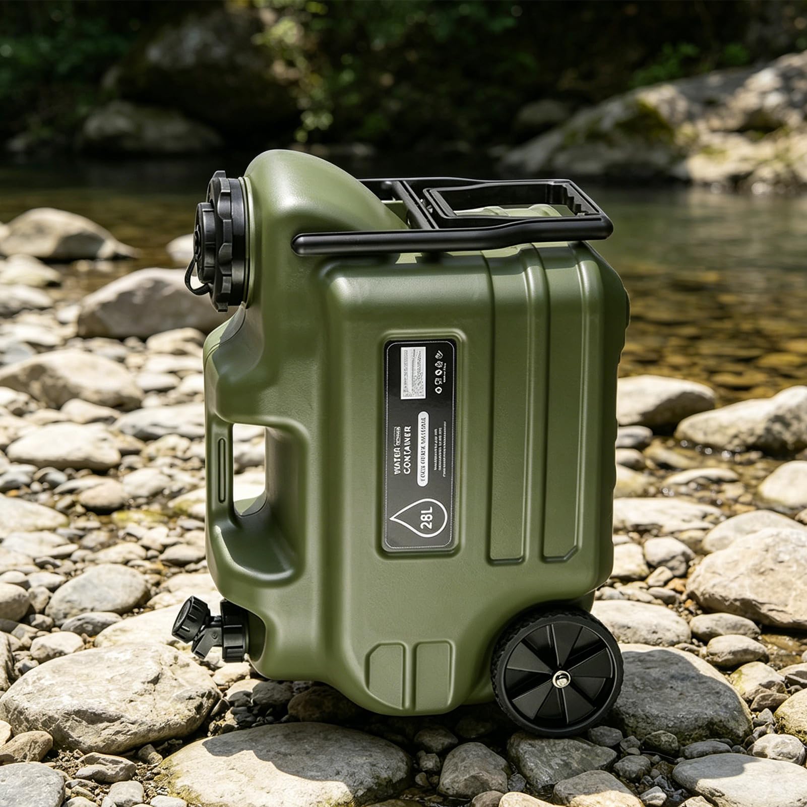 28L Tragbarer Camping Wasserbehälter mit Rädern, Camping Wasserkrug, Auslaufsicher Tragbarer Spender mit Rädern, Armeegrün, PE Lebensmittelqualität, Zapfhahn, Rolling Water Storage Jug für Outdoor