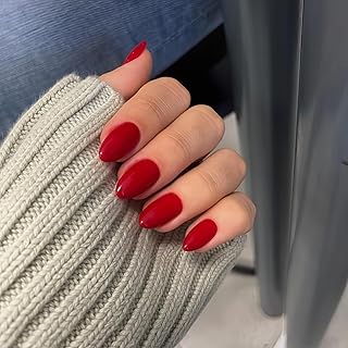 KQueenest Rot Press On Nails Kurz, Acryl Nägel zum Aufkleben Kurz Runde, Einfarbig Fake Nails Mandel Fingernägel zum aufkleben, Glänzende Gel Kunstnägel für Frauen Alltagstauglich 24 Stück