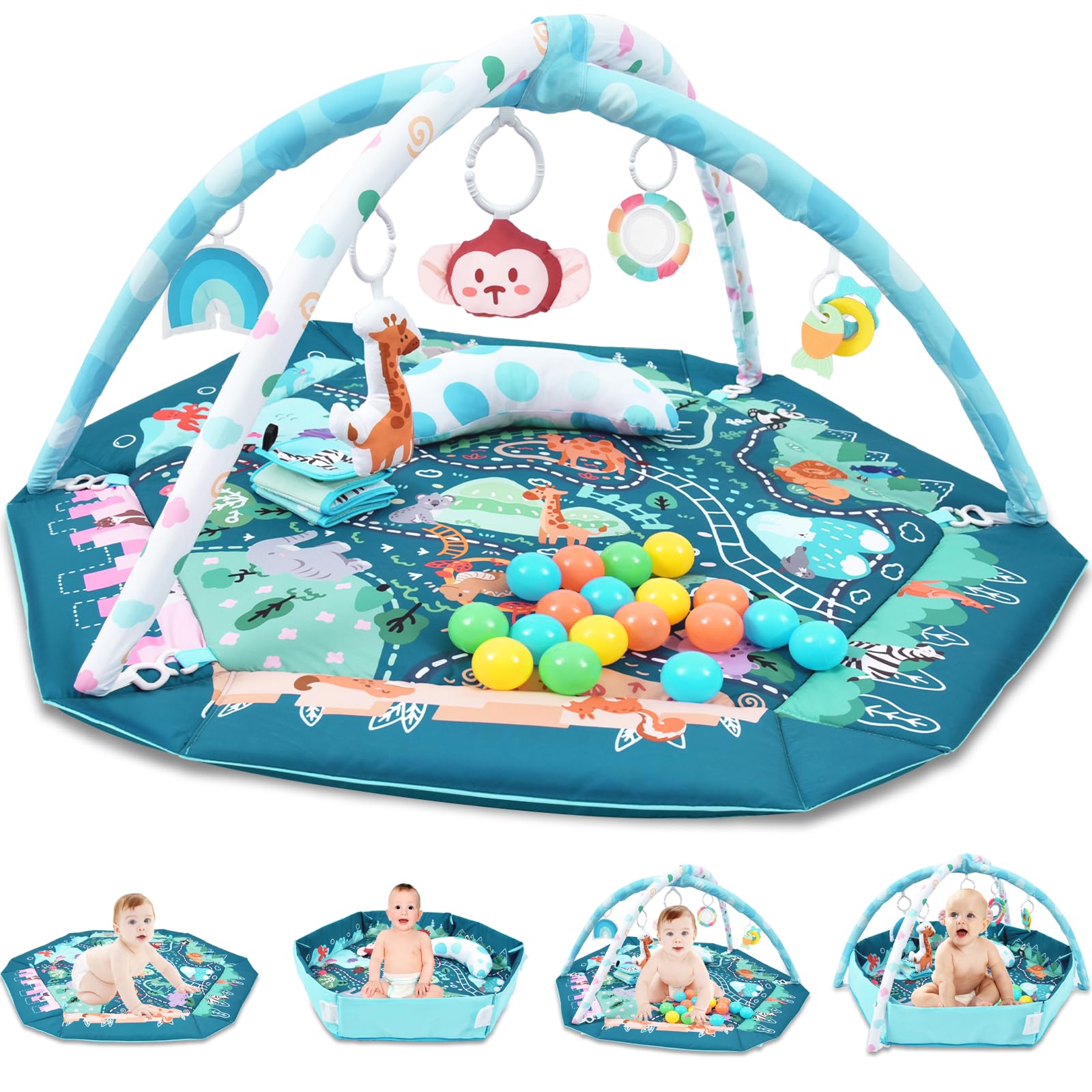 TFDER 8 in 1 Palestrina Neonato Multifunzione,tappeto gioco e vasca palline con lati,Giocattoli Staccabili,Stimola Sviluppo del Neonato con Tante Attività,Antiscivolo più Spesso, 0+ Mesi,Verde Oliva