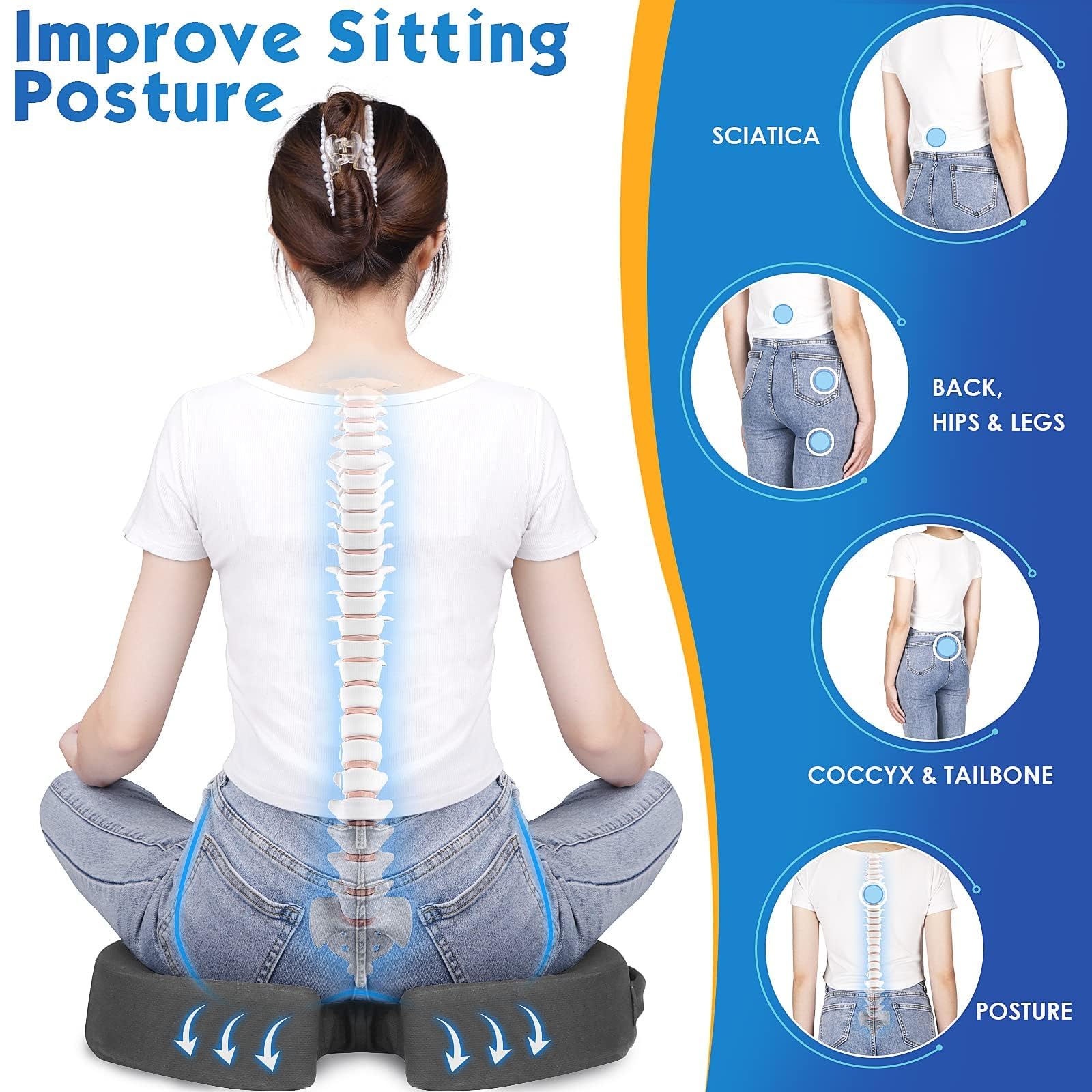 TushGuard Cojín de asiento para silla de oficina, espuma viscoelástica, antideslizante, cojín para respaldo de silla de escritorio, coxis, ciática, alivio del dolor de coxis, almohada para silla de