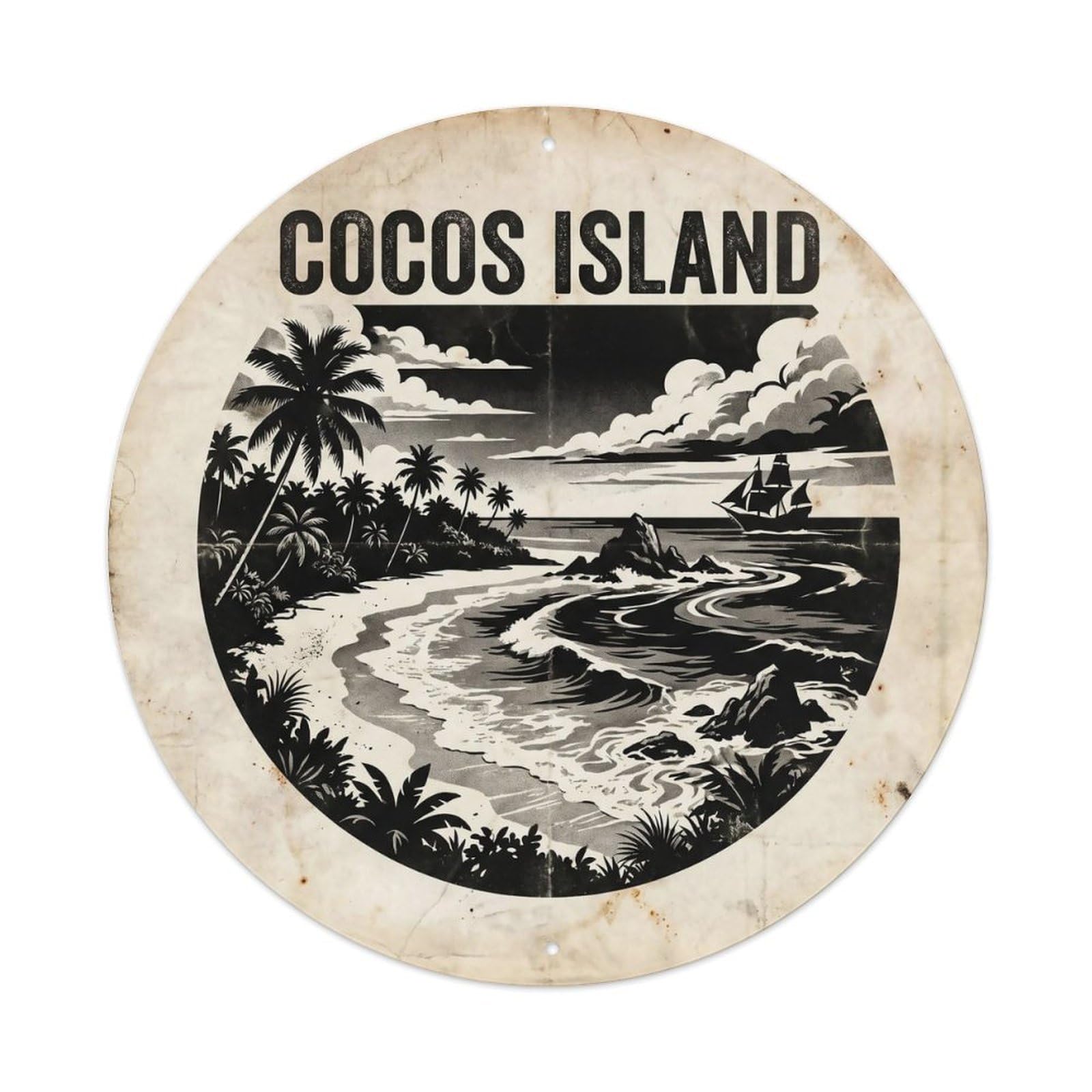 Odgynaw 8X8inch(20X20cm) Cocos Island Beach Lagoon Travel Monochrome Metal Tin Sign