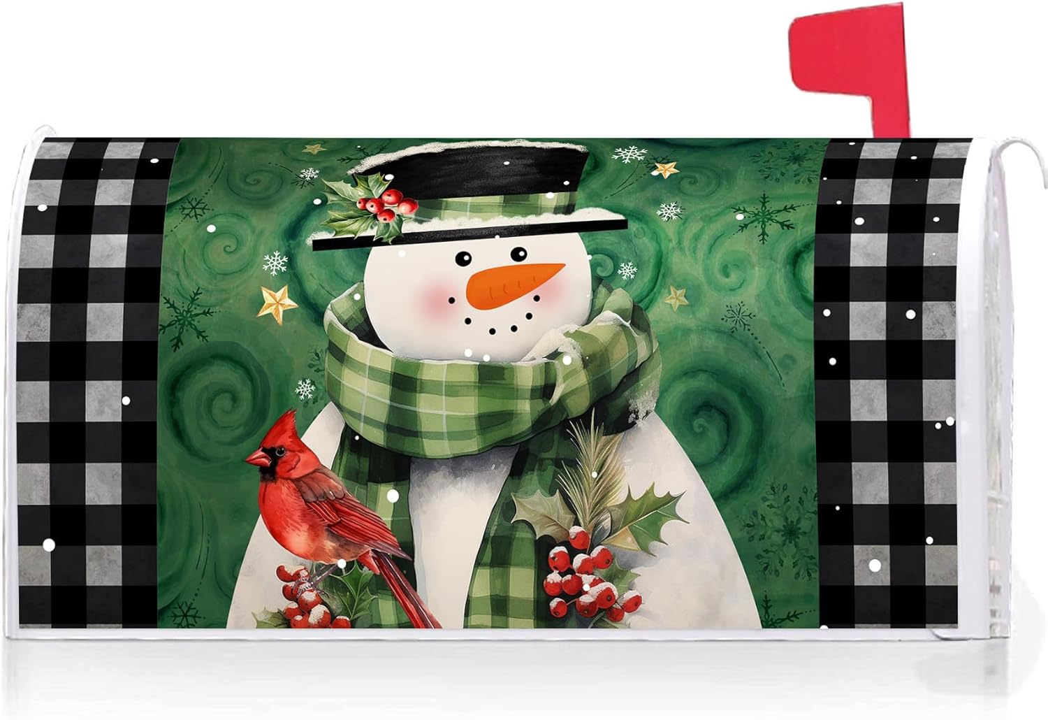 Texupday Winter Snowman With Cardinal Buffalo Check Plaid Decoration Mailbox Cover With Magnetic Strip Holiday Mailbox Wraps Post Letter Box Cover Standard Size 21" X 18" for Garden Outdoor Yard Decor
