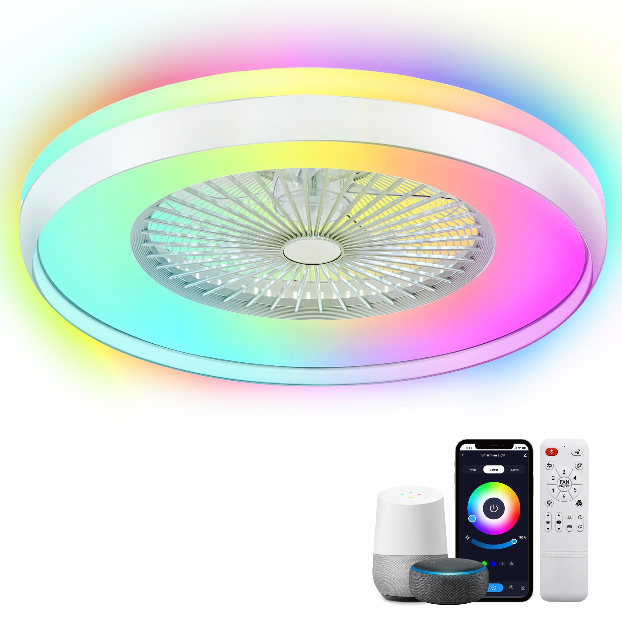24" Bladeless Ceiling Fans with Lights, Smart RGB Ceiling Fan with Alexa/Google Assistant/APP Control,Low Profile flush mount Ceiling Fan Dimmable Color Changing LED Ambient Light for Bedroom