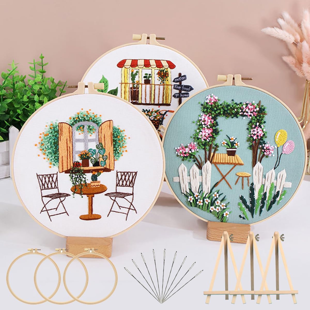 Qupace 3 Pcs Spring Flower Embroidery Kits for Beginners Adults,Cross Stitch Sewing Craft Set, 3 Embroidery Hoops,3 Finished Stands, Spring Floral Needlework Kit